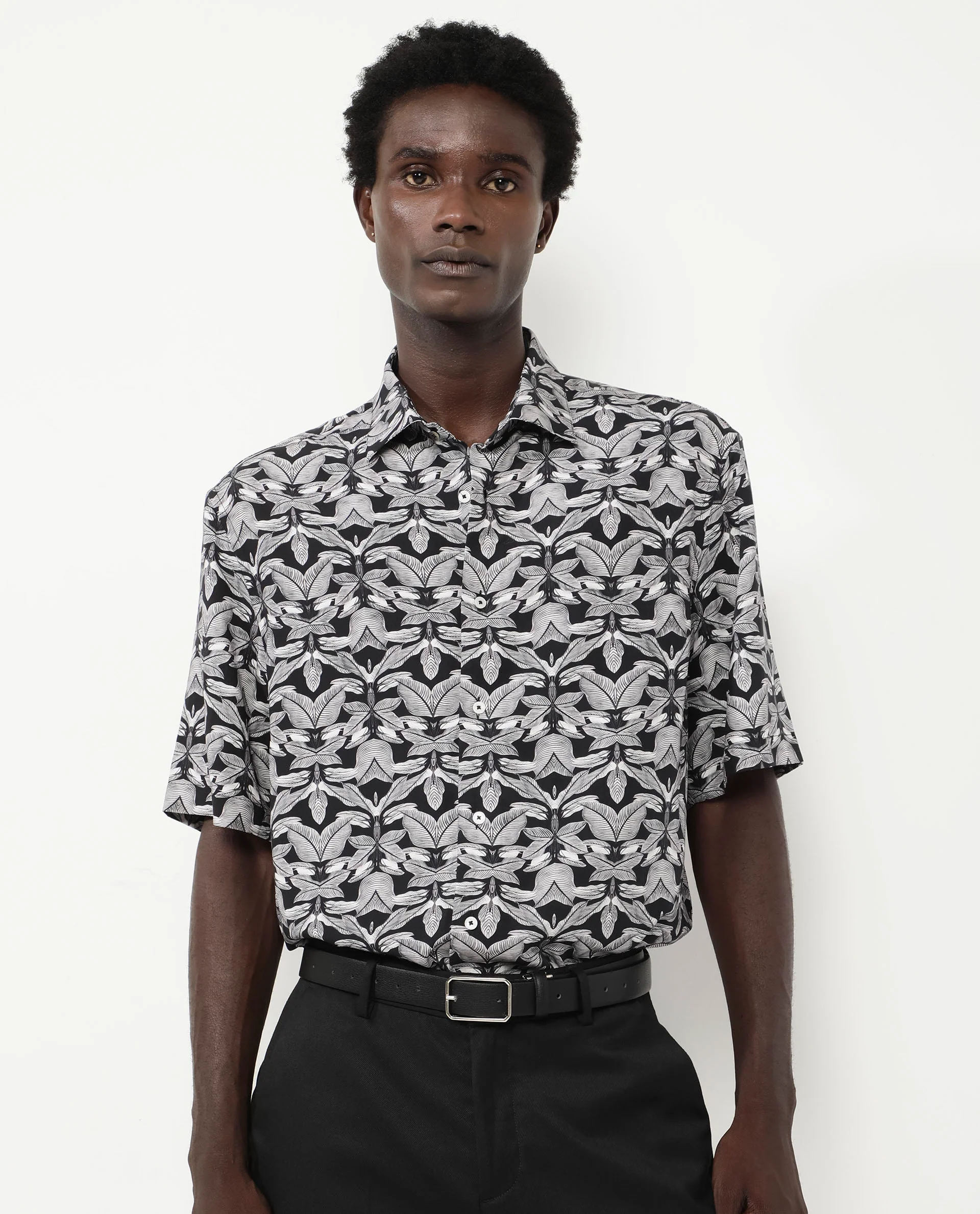 Rare Rabbit Men's Mogu Black Viscose Tropical Print Boxy Fit Half Sleeve Collared Shirt - Image 7