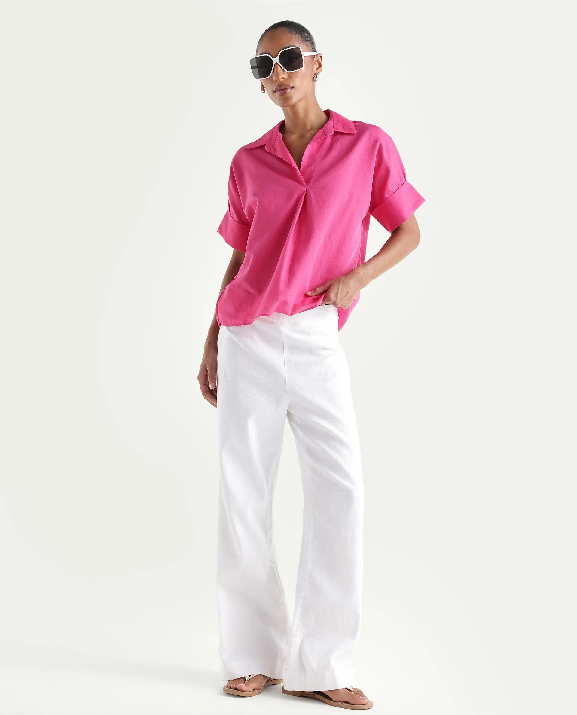 Rareism Women's Mogu Pink Linen Half Sleeve Jonny Collar Regular Top - Image 2