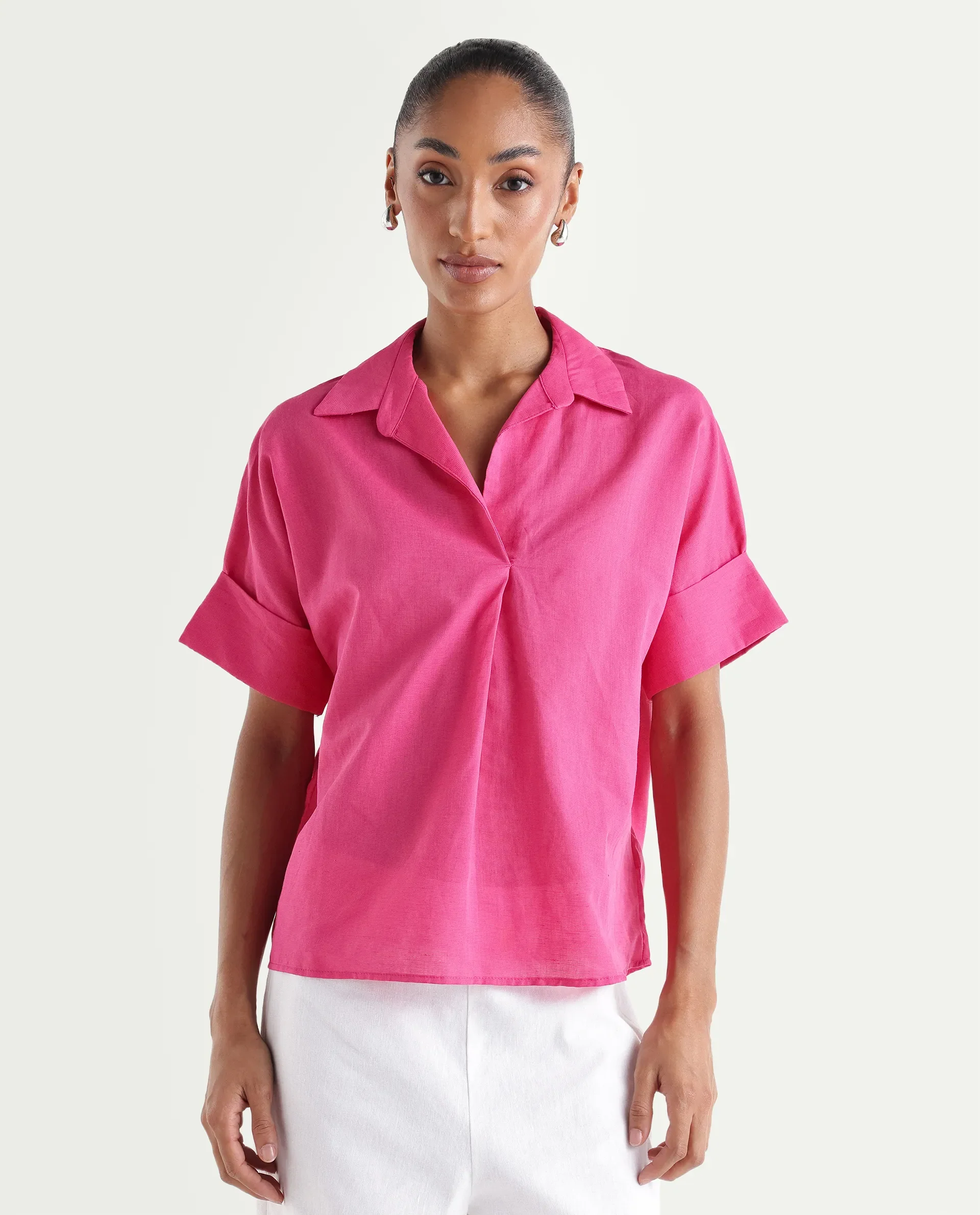 Rareism Women's Mogu Pink Linen Half Sleeve Jonny Collar Regular Top - Image 3