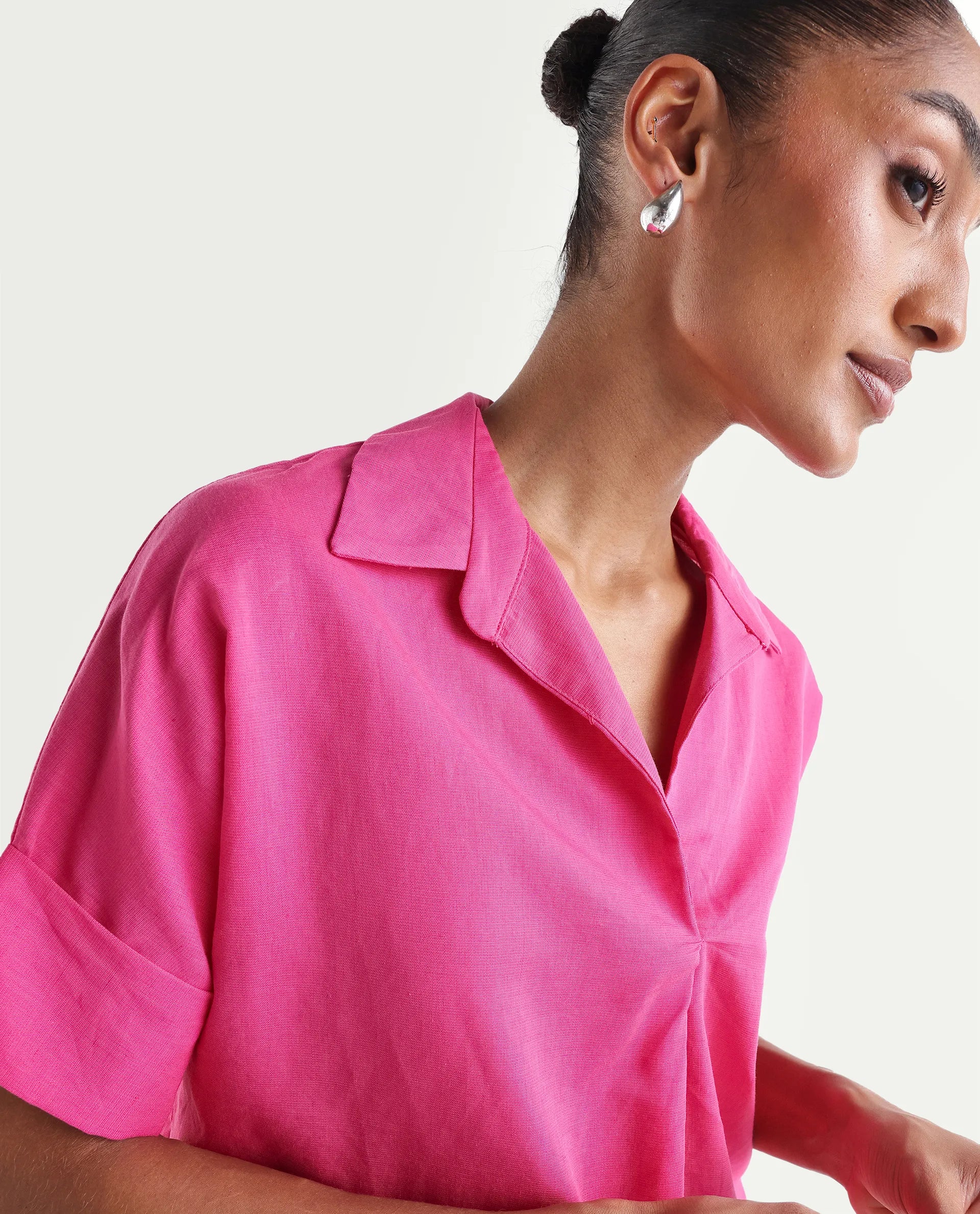Rareism Women's Mogu Pink Linen Half Sleeve Jonny Collar Regular Top - Image 4