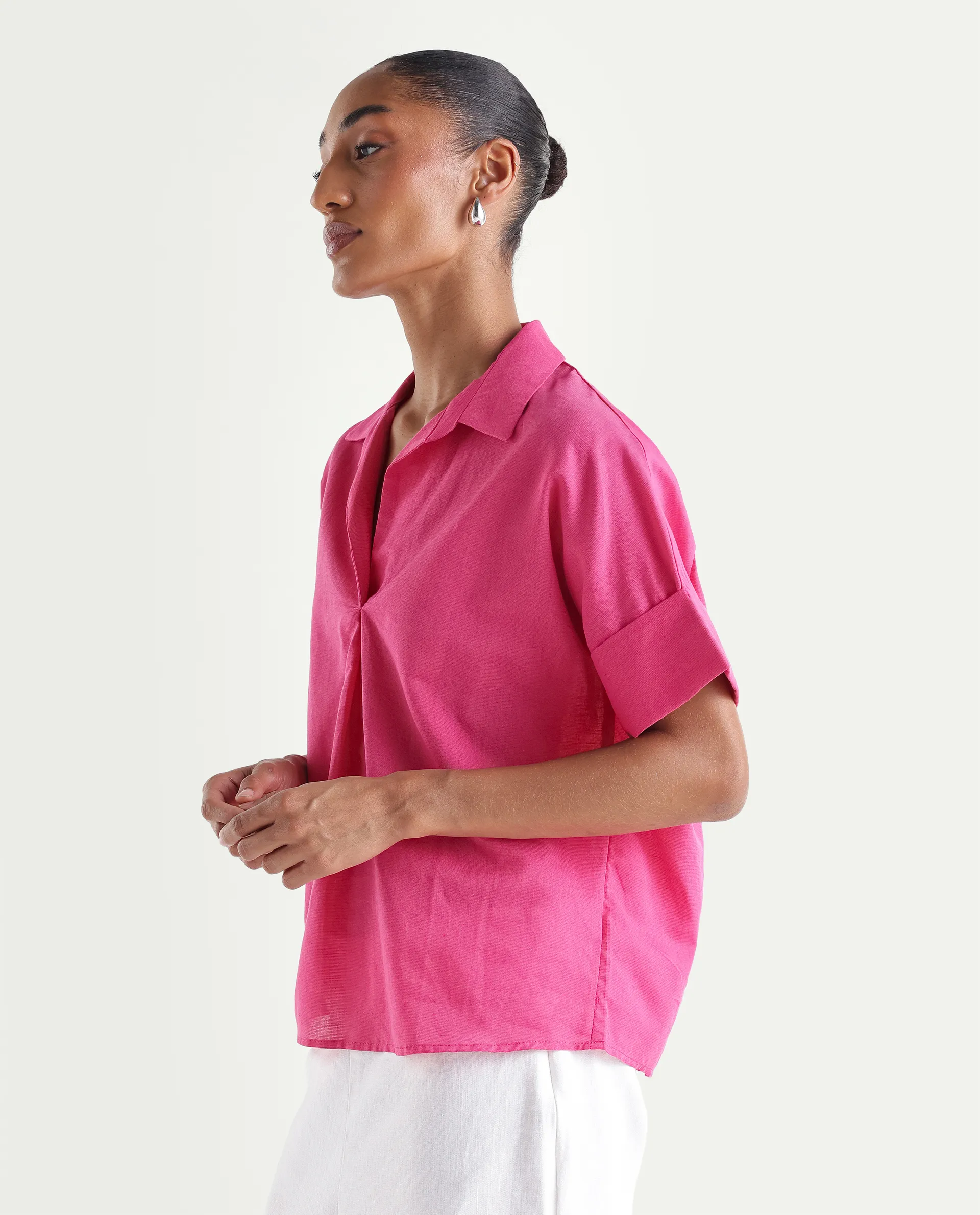 Rareism Women's Mogu Pink Linen Half Sleeve Jonny Collar Regular Top - Image 5