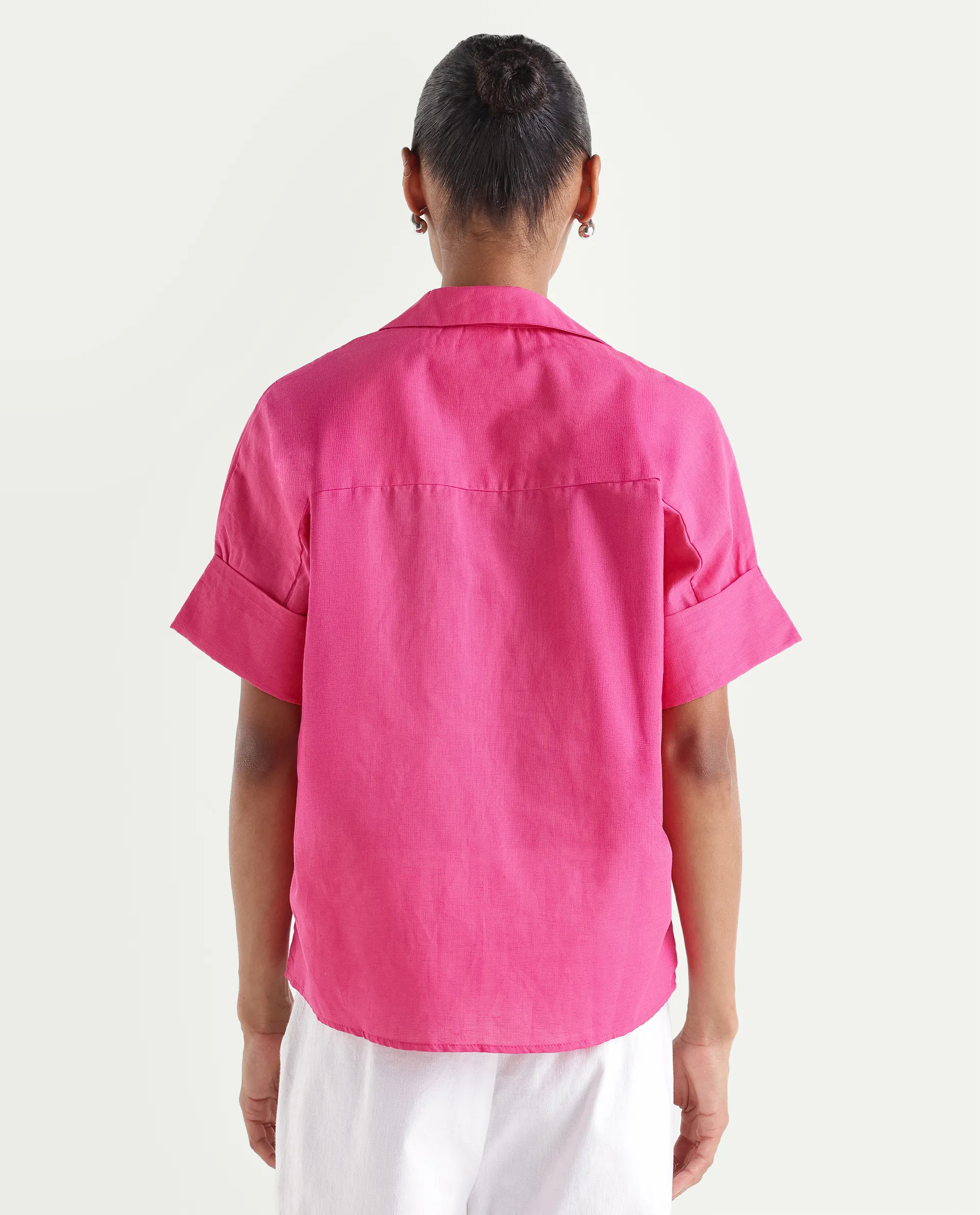 Rareism Women's Mogu Pink Linen Half Sleeve Jonny Collar Regular Top - Image 6