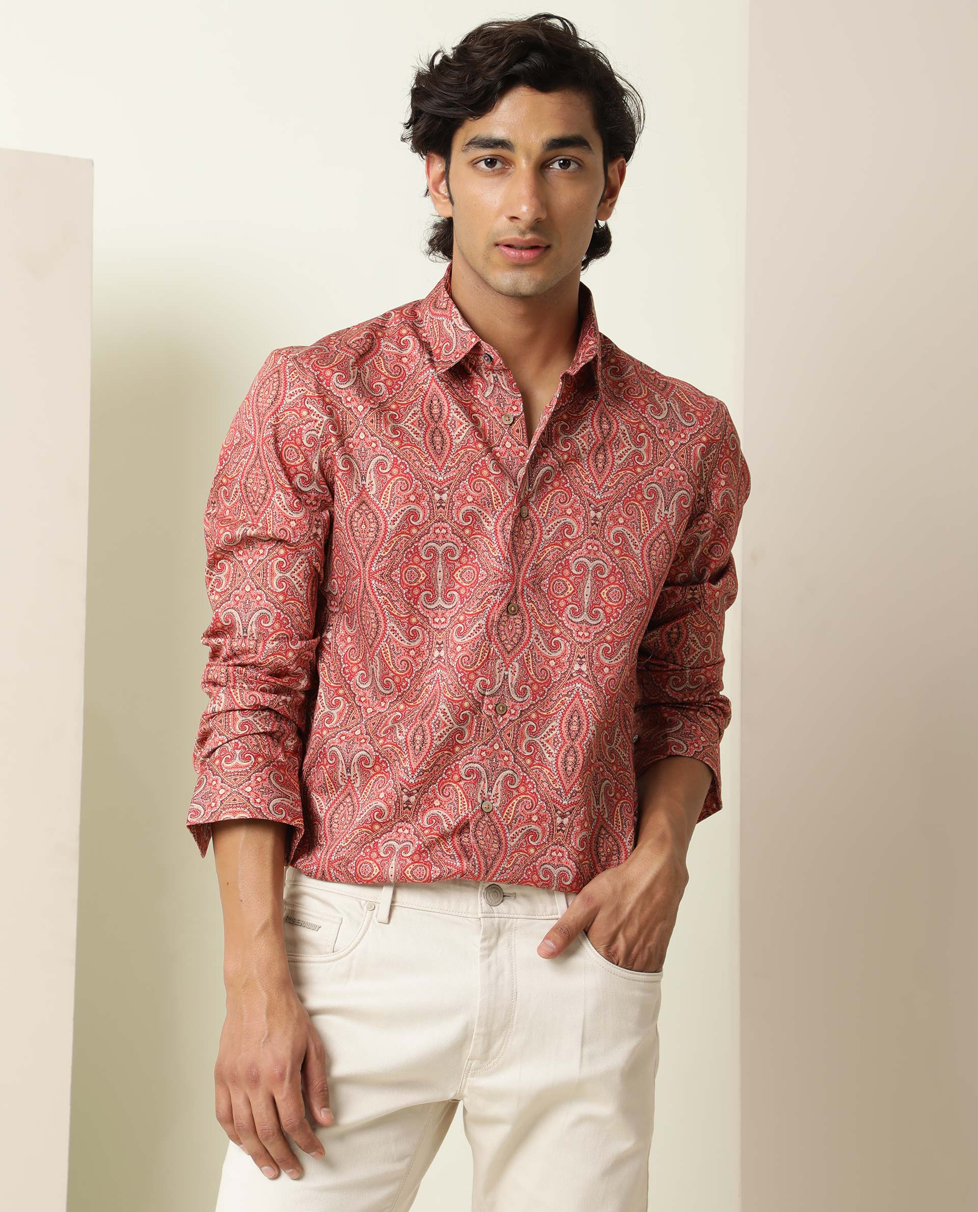 Rare Rabbit Men's Moire Red Viscose Paisley Print Regular Fit Full Sleeve Collared Shirt