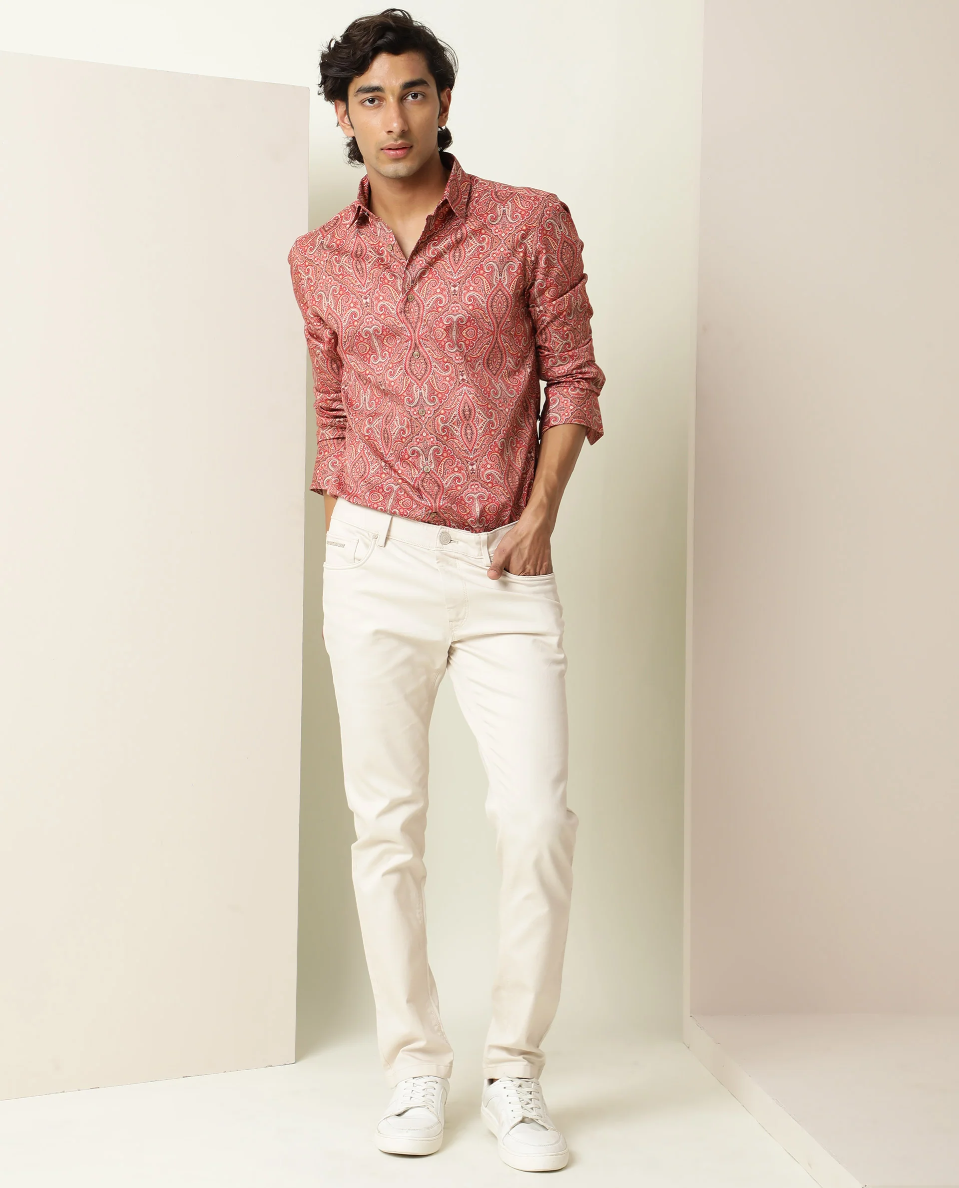 Rare Rabbit Men's Moire Red Viscose Paisley Print Regular Fit Full Sleeve Collared Shirt - Image 2