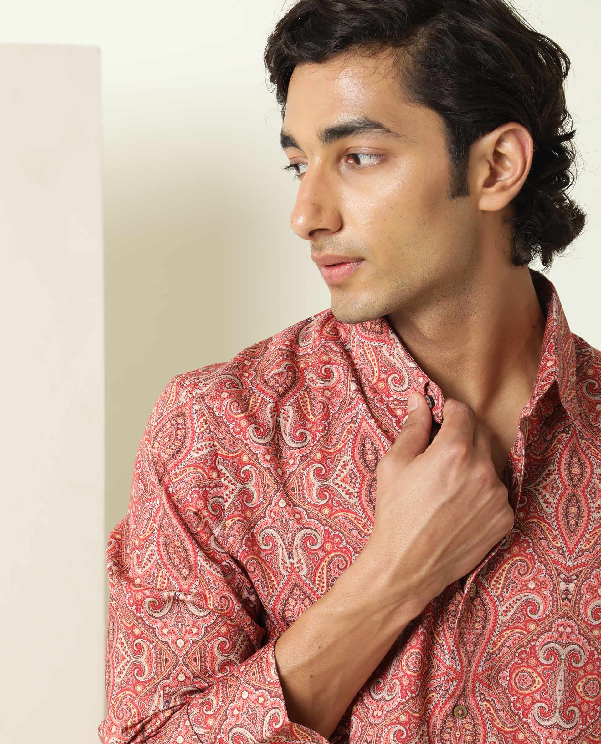 Rare Rabbit Men's Moire Red Viscose Paisley Print Regular Fit Full Sleeve Collared Shirt - Image 3