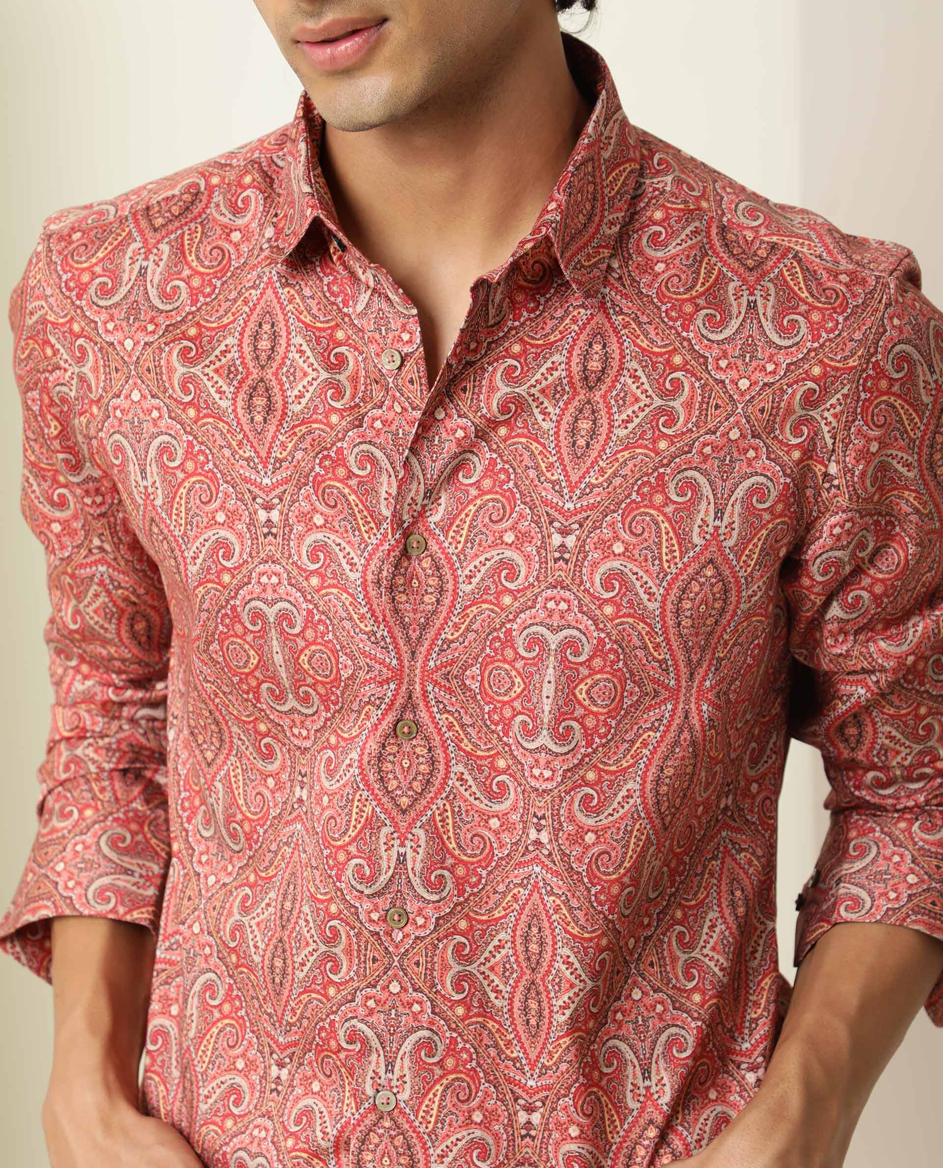 Rare Rabbit Men's Moire Red Viscose Paisley Print Regular Fit Full Sleeve Collared Shirt - Image 4