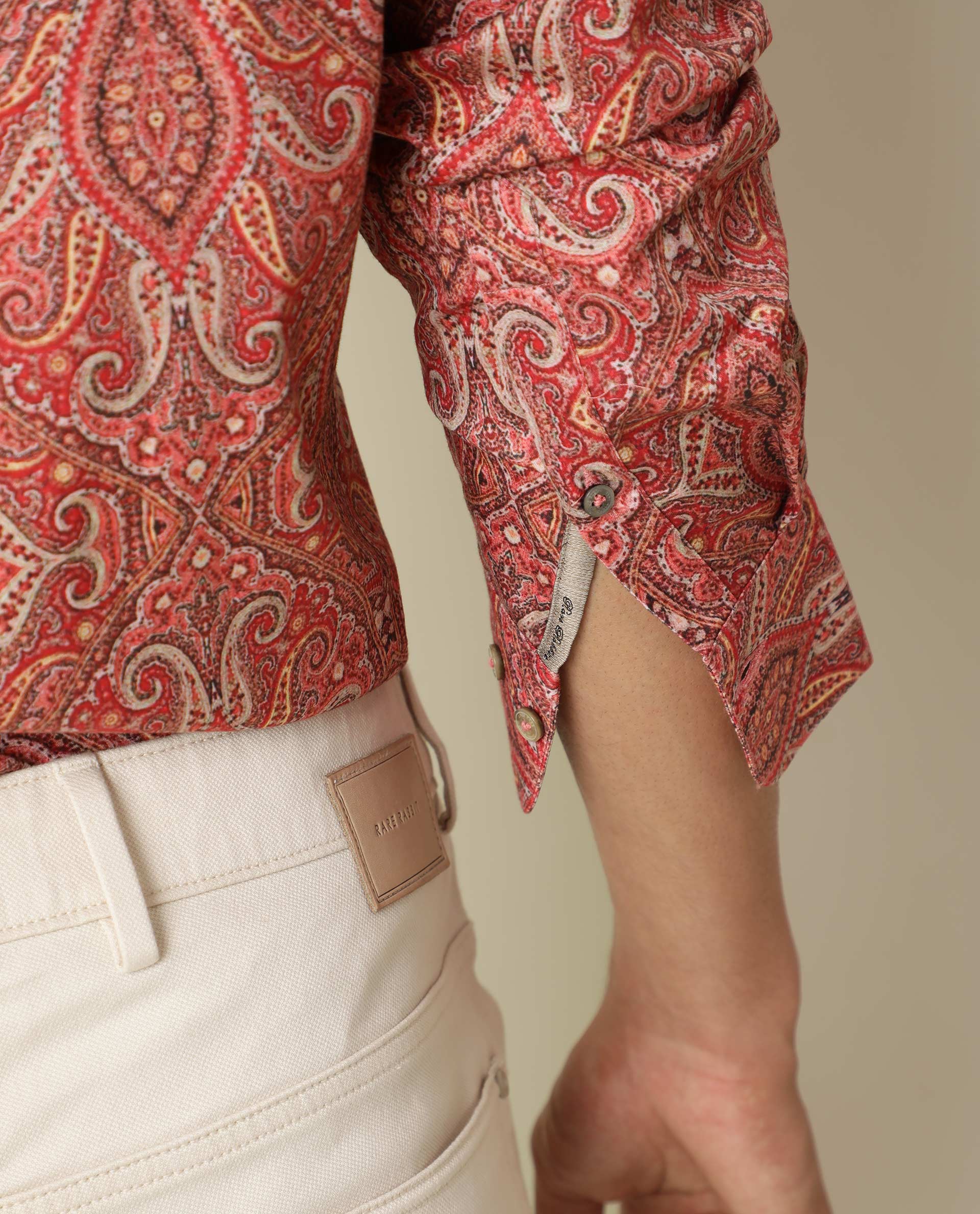 Rare Rabbit Men's Moire Red Viscose Paisley Print Regular Fit Full Sleeve Collared Shirt - Image 5