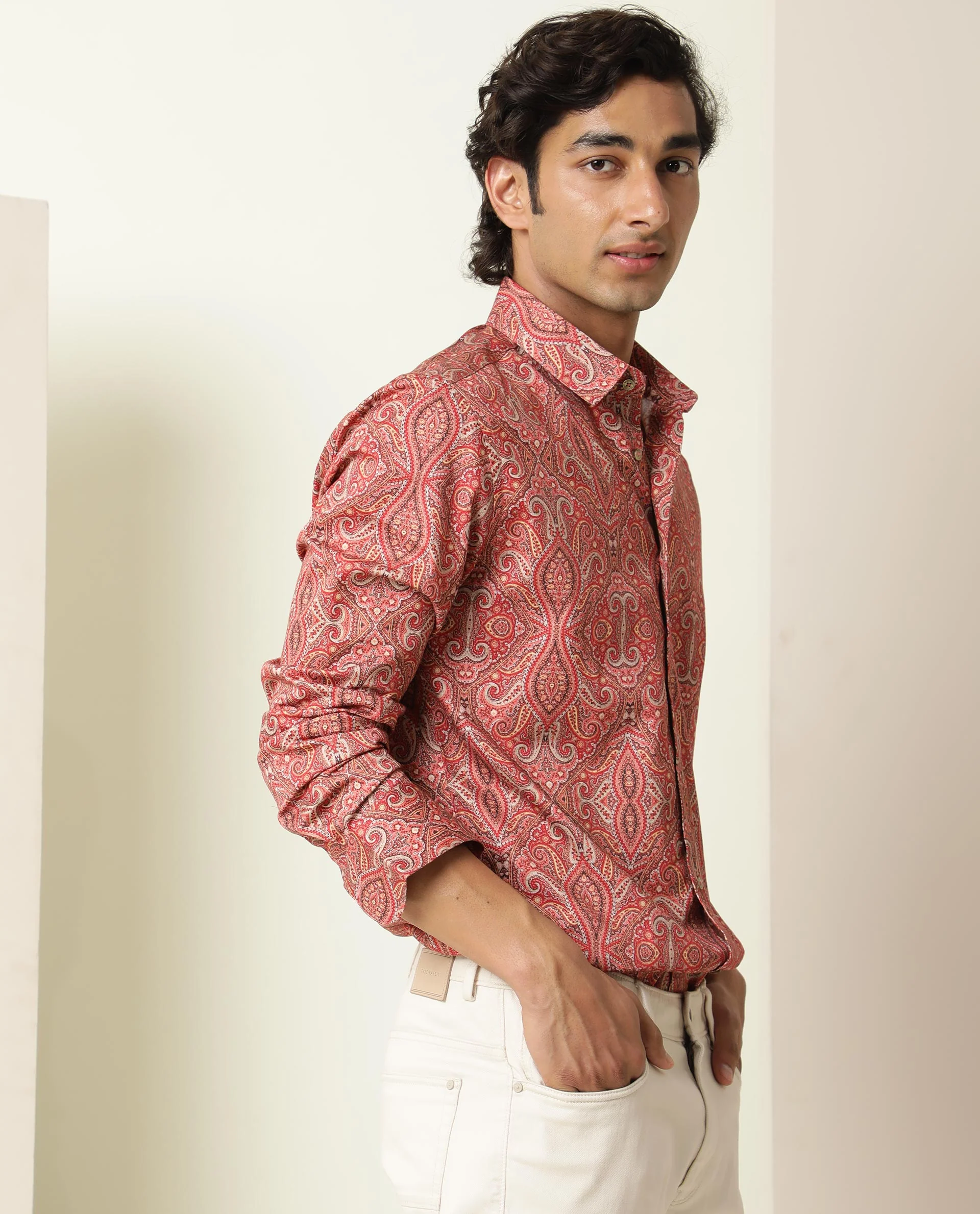 Rare Rabbit Men's Moire Red Viscose Paisley Print Regular Fit Full Sleeve Collared Shirt - Image 6