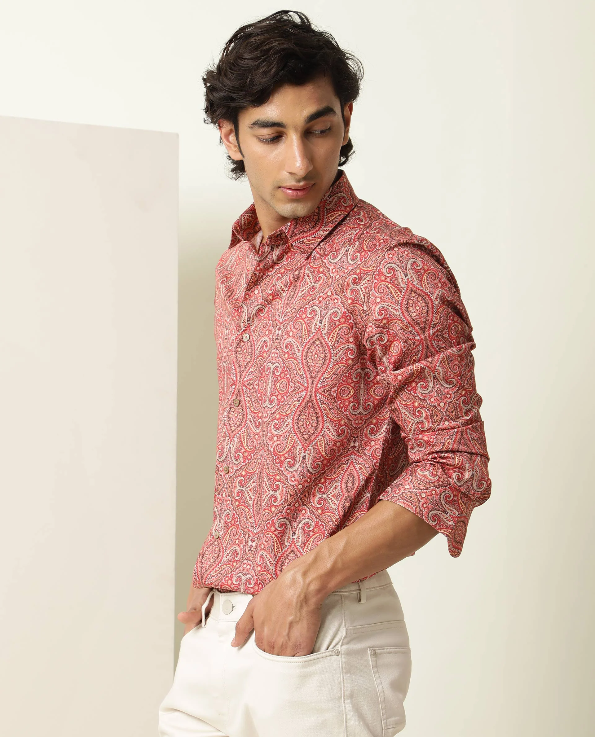 Rare Rabbit Men's Moire Red Viscose Paisley Print Regular Fit Full Sleeve Collared Shirt - Image 7