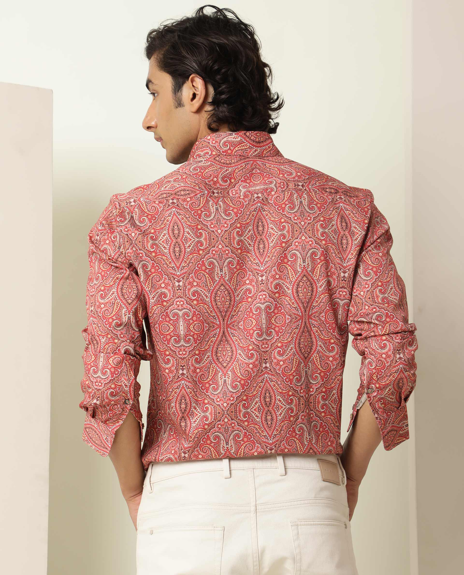 Rare Rabbit Men's Moire Red Viscose Paisley Print Regular Fit Full Sleeve Collared Shirt - Image 9