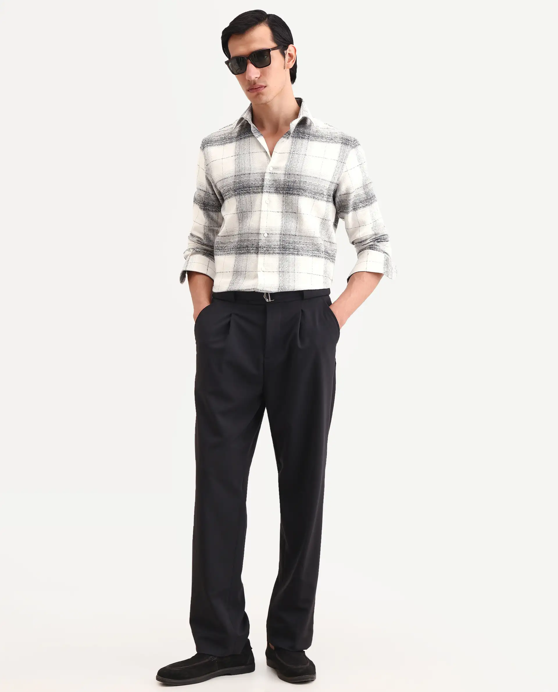 Rare Rabbit Men's Mojelle Off White Cotton Blend Fabric Full Sleeve Spread Collar Regular Fit Checked Shirt - Image 2