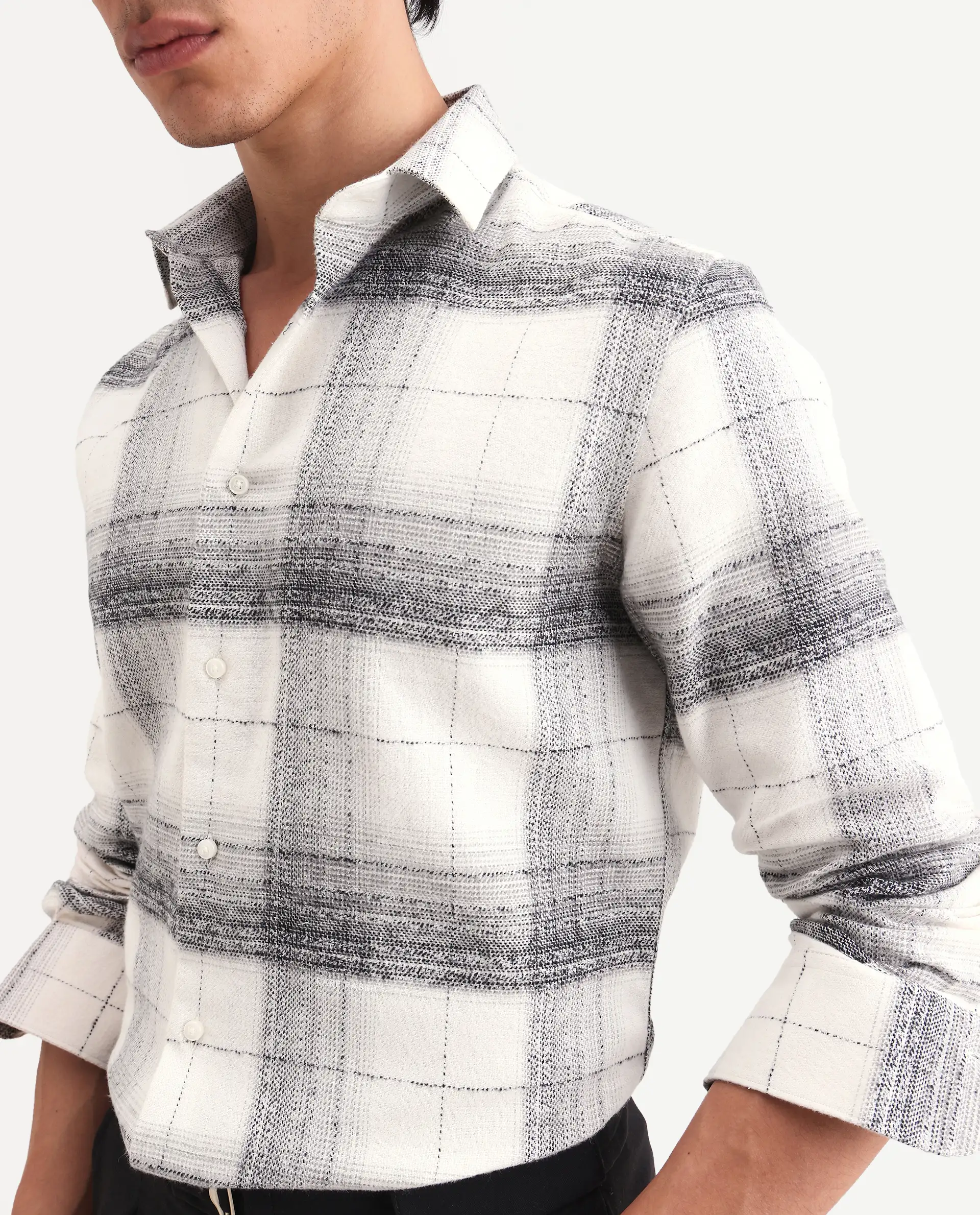 Rare Rabbit Men's Mojelle Off White Cotton Blend Fabric Full Sleeve Spread Collar Regular Fit Checked Shirt - Image 3