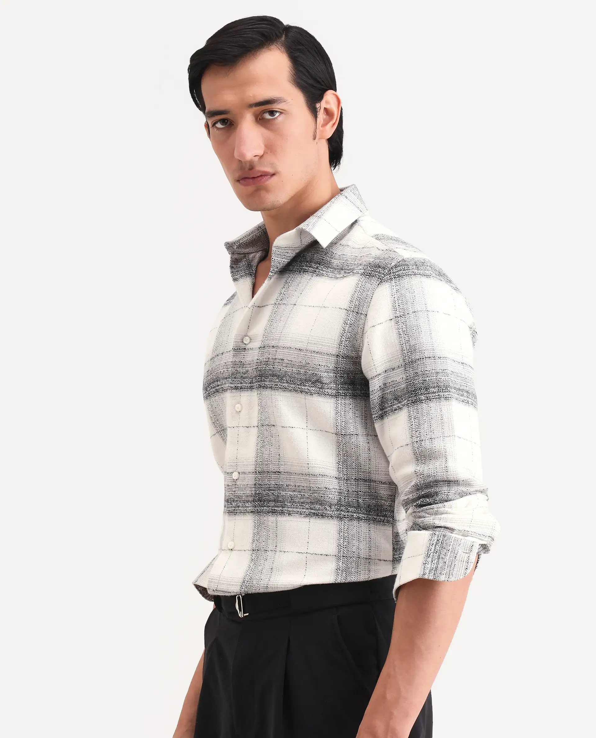 Rare Rabbit Men's Mojelle Off White Cotton Blend Fabric Full Sleeve Spread Collar Regular Fit Checked Shirt - Image 4
