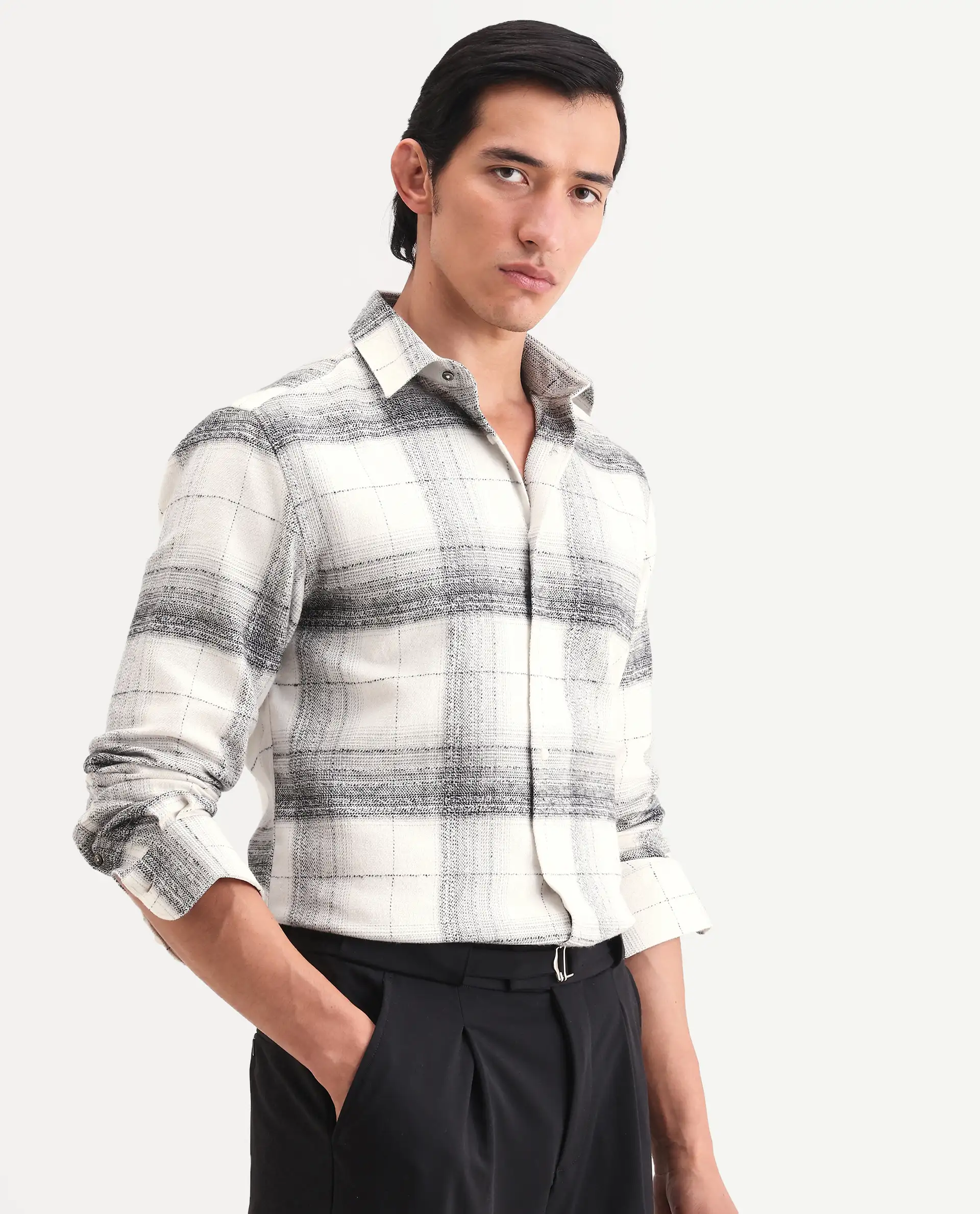 Rare Rabbit Men's Mojelle Off White Cotton Blend Fabric Full Sleeve Spread Collar Regular Fit Checked Shirt - Image 5