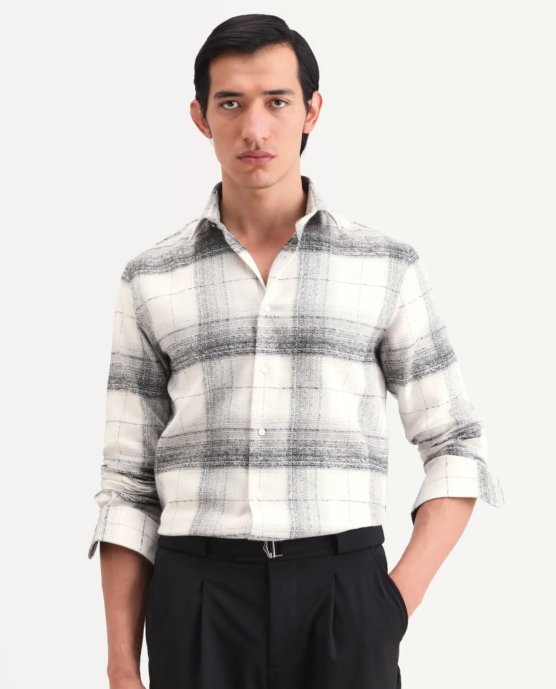 Rare Rabbit Men's Mojelle Off White Cotton Blend Fabric Full Sleeve Spread Collar Regular Fit Checked Shirt - Image 6
