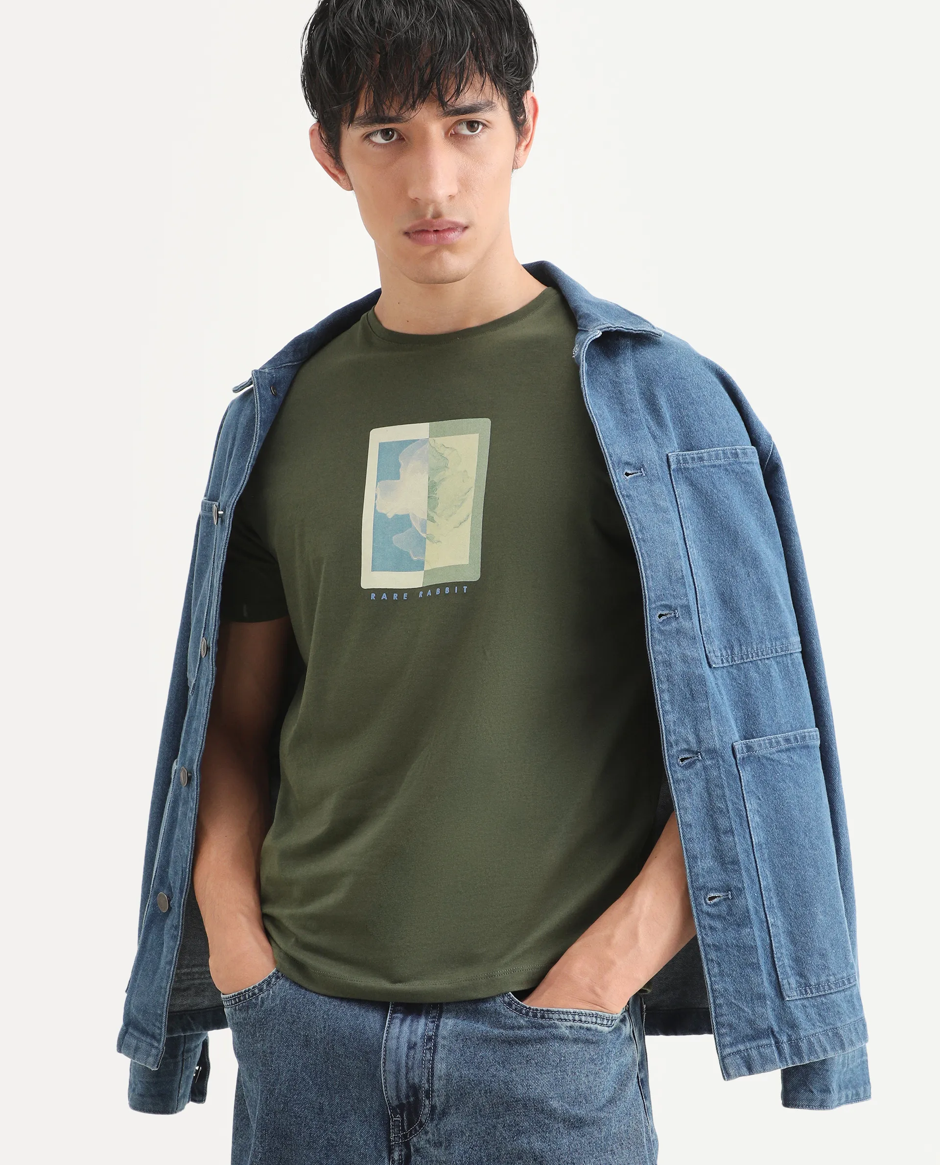 Rare Rabbit Men's Mok Olive Cotton Graphic Print Regular Fit Half Sleeve Crew Neck T-Shirt