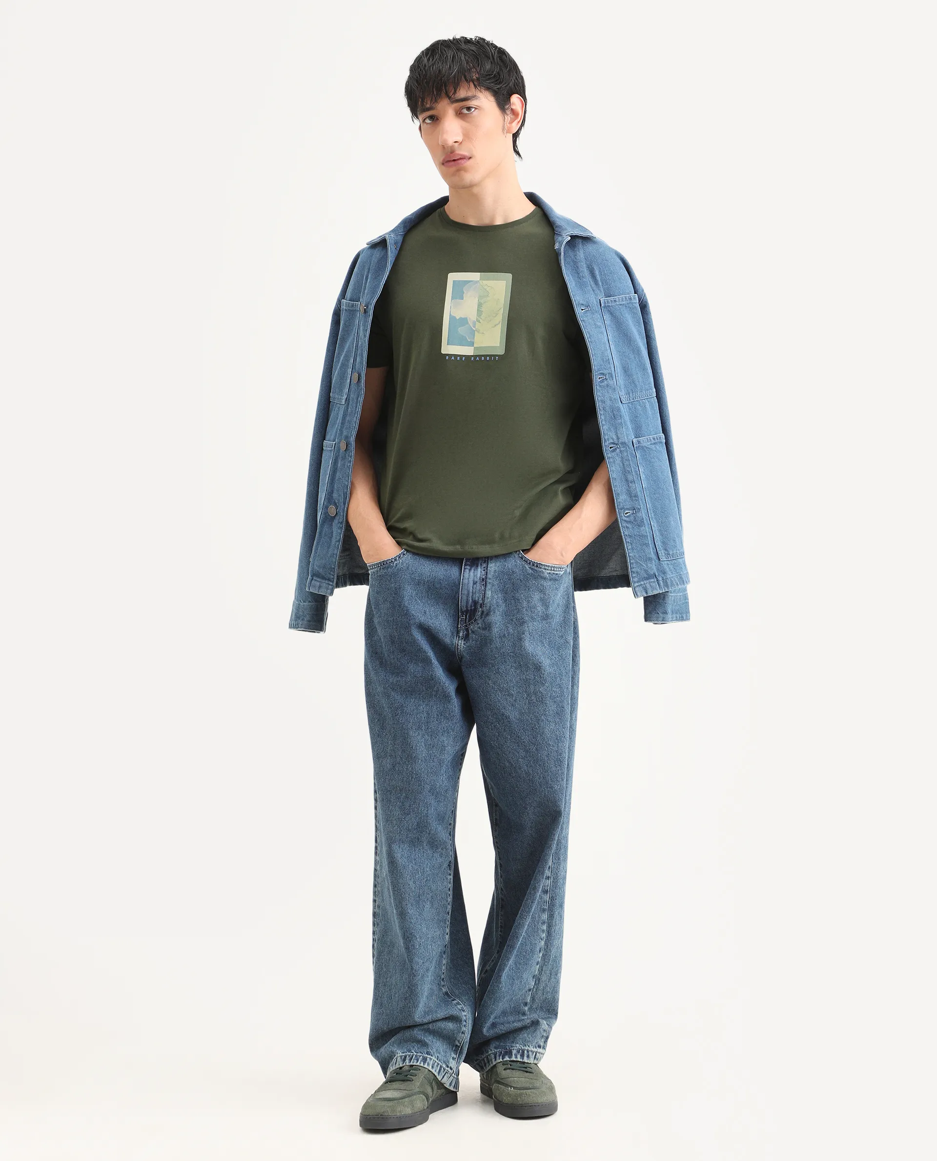 Rare Rabbit Men's Mok Olive Cotton Graphic Print Regular Fit Half Sleeve Crew Neck T-Shirt - Image 2