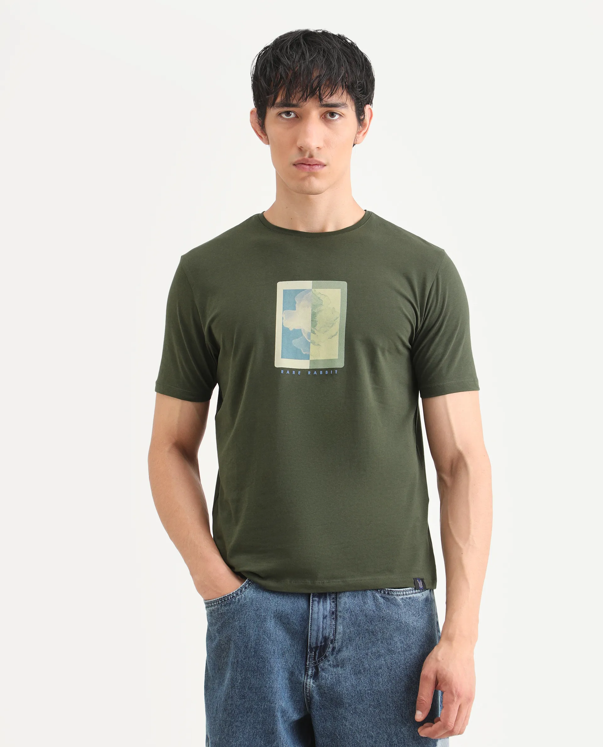 Rare Rabbit Men's Mok Olive Cotton Graphic Print Regular Fit Half Sleeve Crew Neck T-Shirt - Image 3