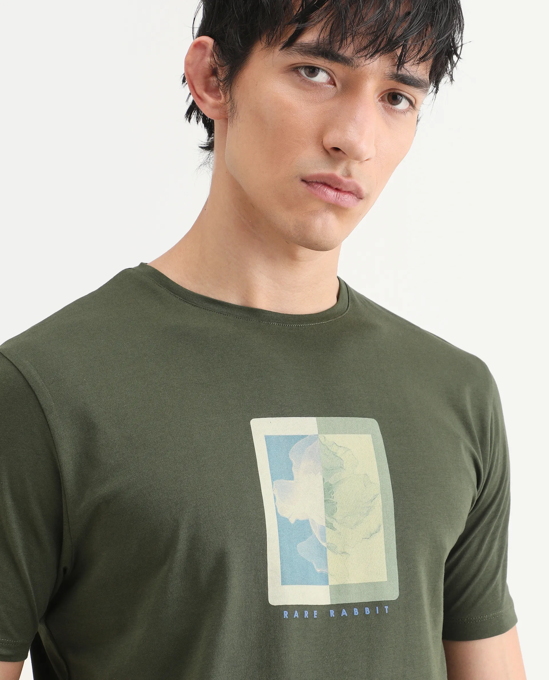 Rare Rabbit Men's Mok Olive Cotton Graphic Print Regular Fit Half Sleeve Crew Neck T-Shirt - Image 4