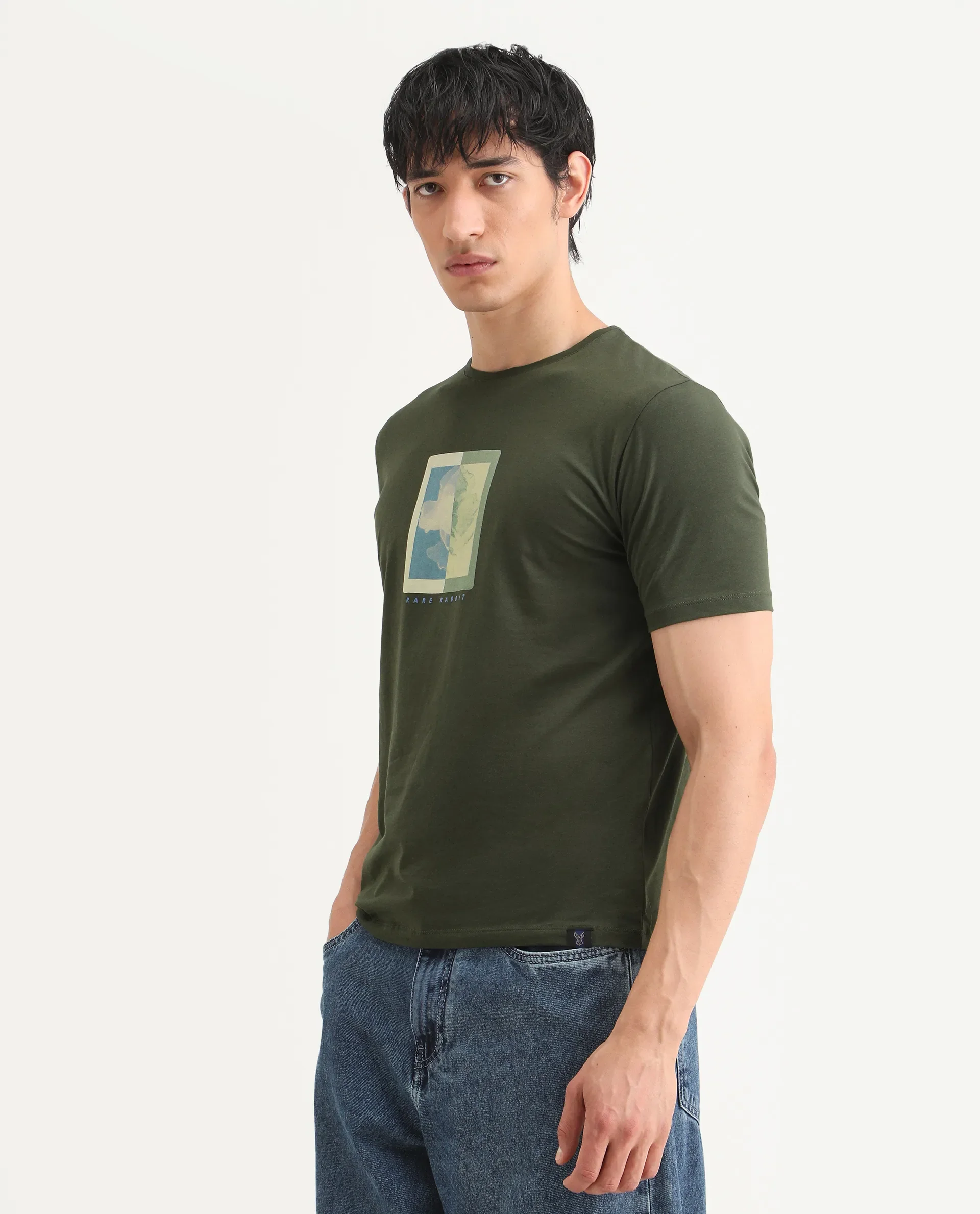 Rare Rabbit Men's Mok Olive Cotton Graphic Print Regular Fit Half Sleeve Crew Neck T-Shirt - Image 5