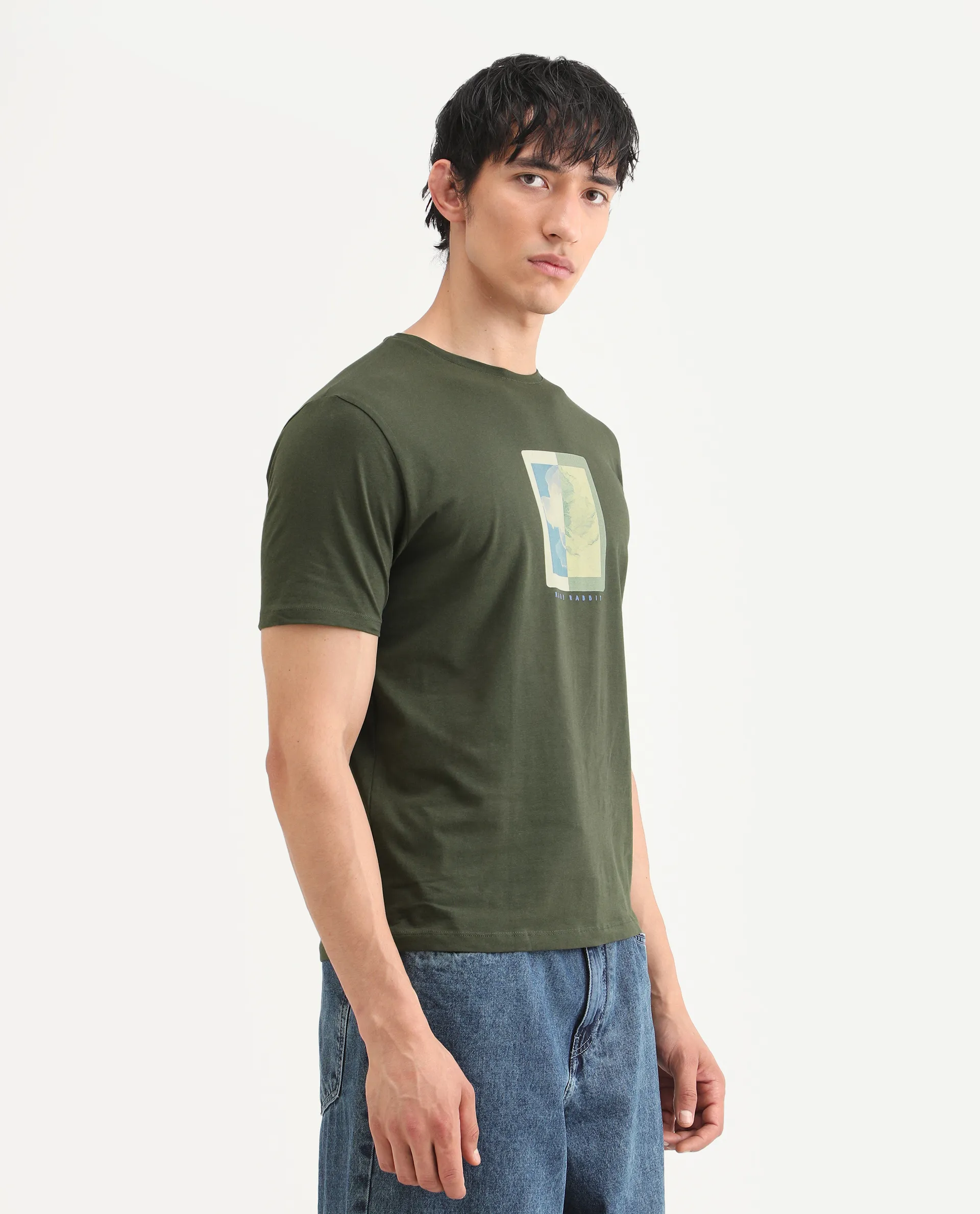 Rare Rabbit Men's Mok Olive Cotton Graphic Print Regular Fit Half Sleeve Crew Neck T-Shirt - Image 6
