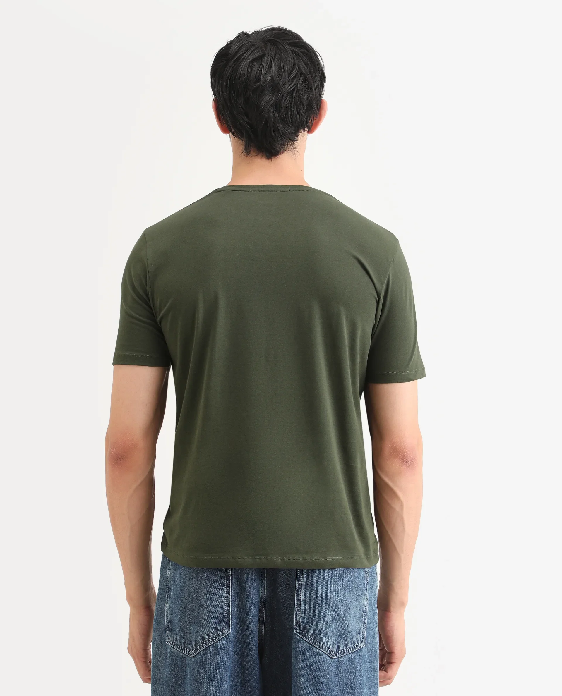 Rare Rabbit Men's Mok Olive Cotton Graphic Print Regular Fit Half Sleeve Crew Neck T-Shirt - Image 7