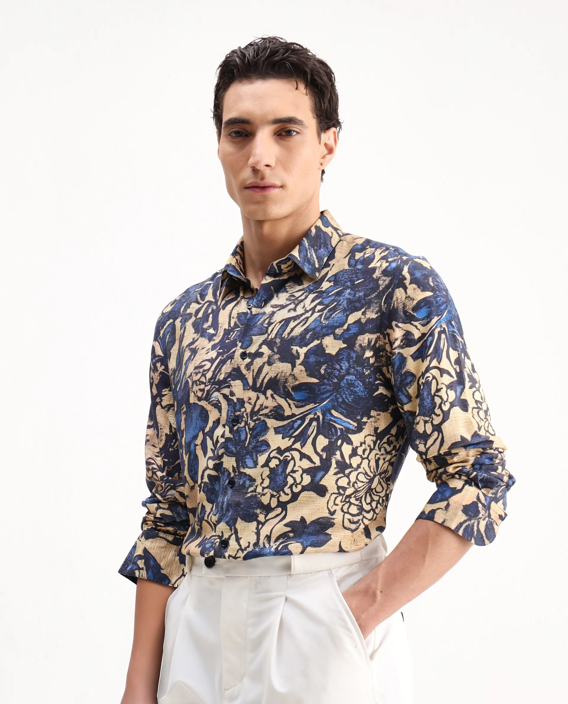 Rare Rabbit Men's Moky Dusky Yellow Viscose Floral Print Regular Fit Full Sleeve Collared Shirt - Image 4