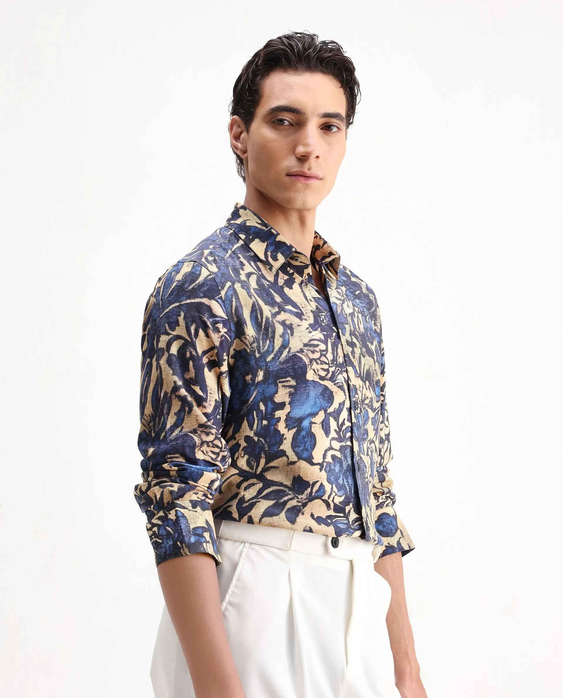 Rare Rabbit Men's Moky Dusky Yellow Viscose Floral Print Regular Fit Full Sleeve Collared Shirt - Image 5