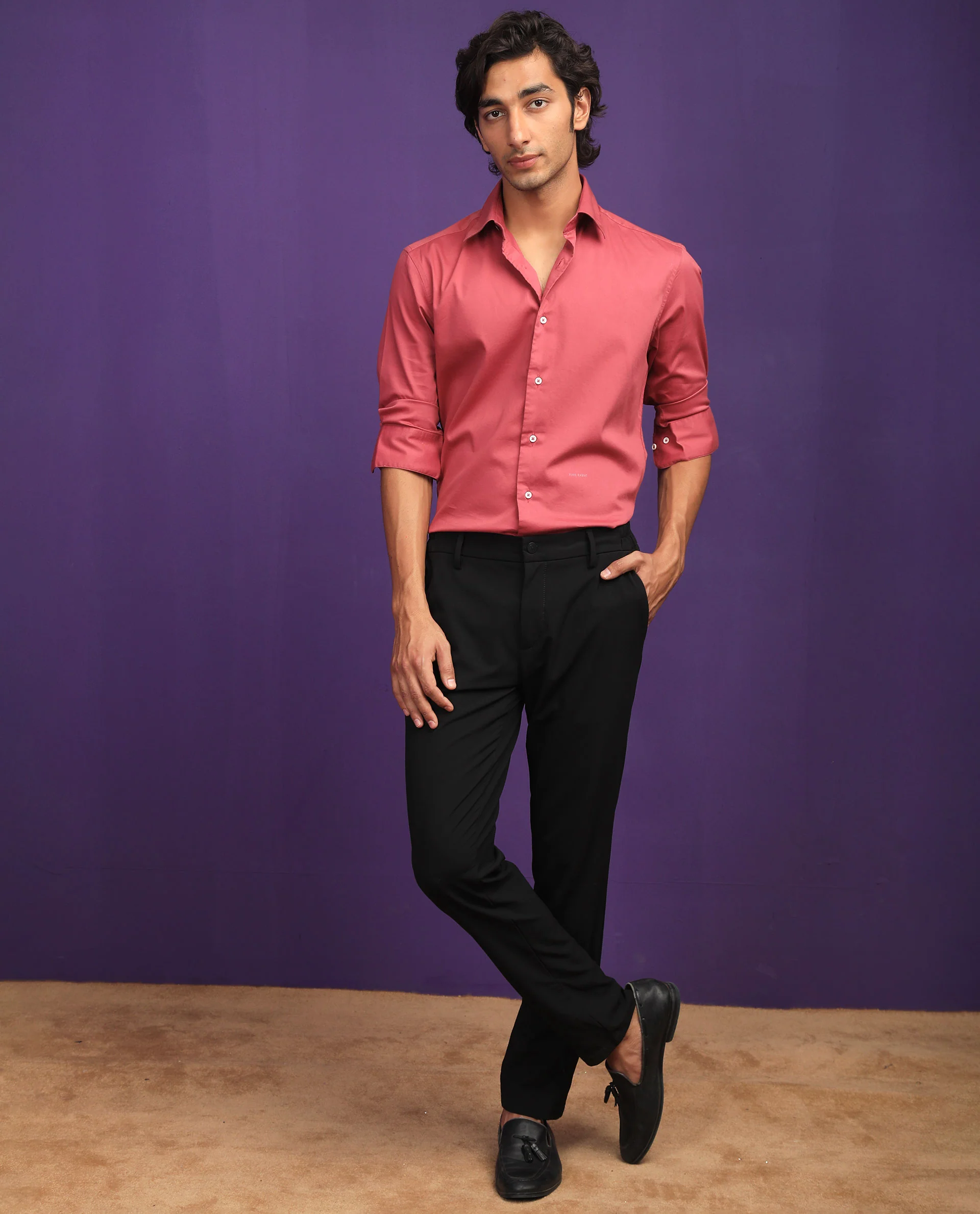 Rare Rabbit Men's Molde Dark Pink Cotton Plain Regular Fit Full Sleeve Collared Shirt - Image 2