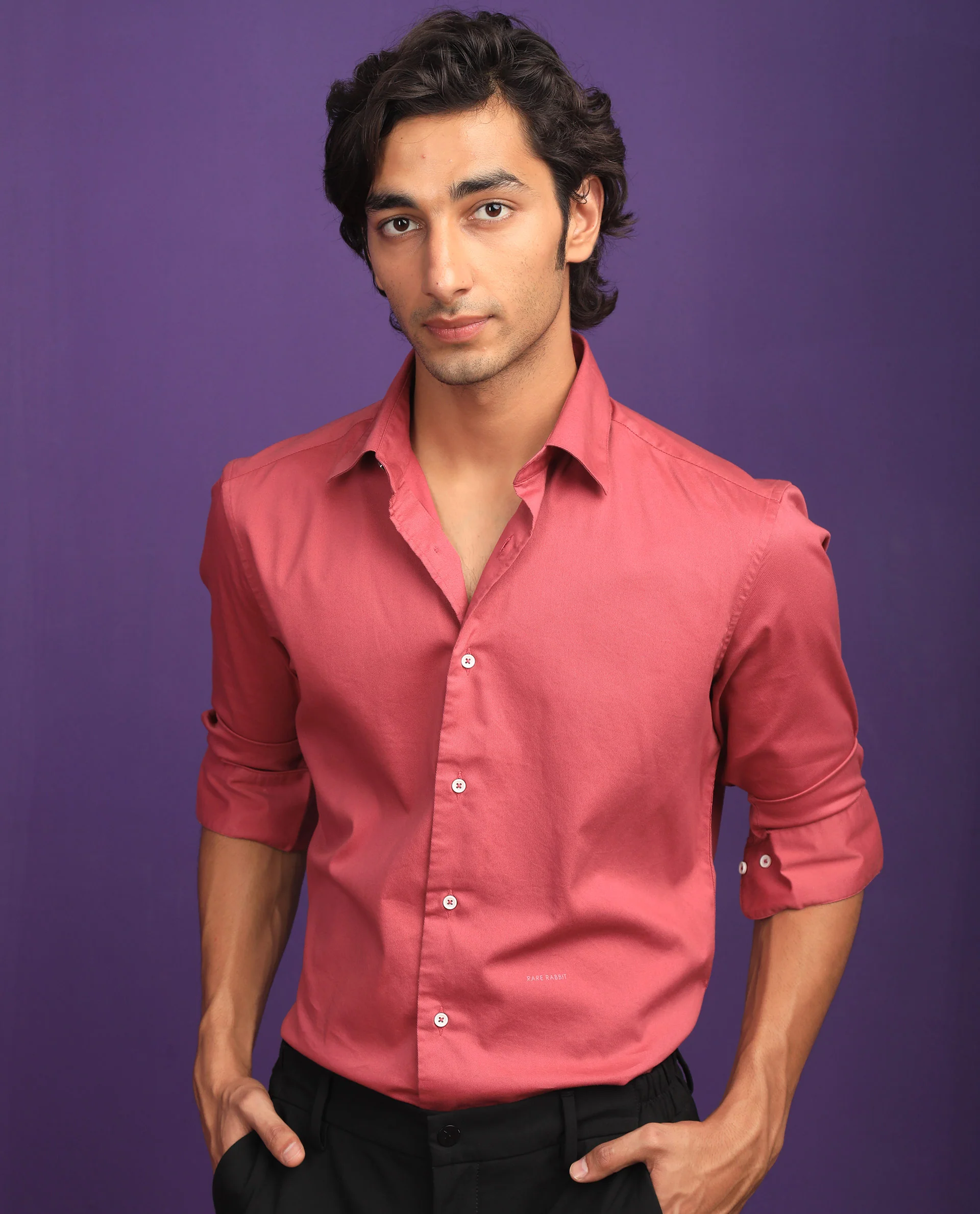 Rare Rabbit Men's Molde Dark Pink Cotton Plain Regular Fit Full Sleeve Collared Shirt - Image 3
