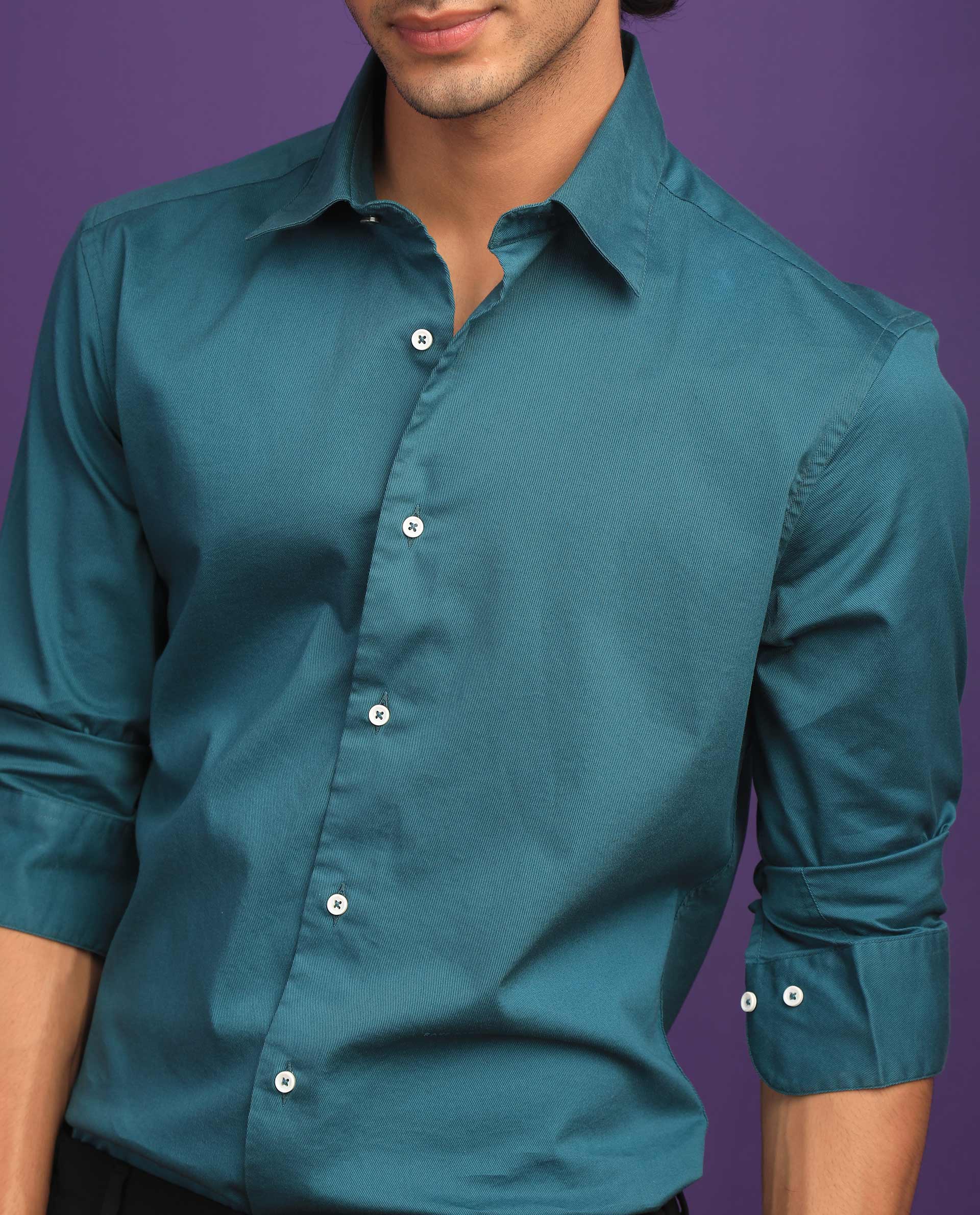 Rare Rabbit Men's Molde Petrol Plain Regular Fit Full Sleeve Collared Shirt - Image 10