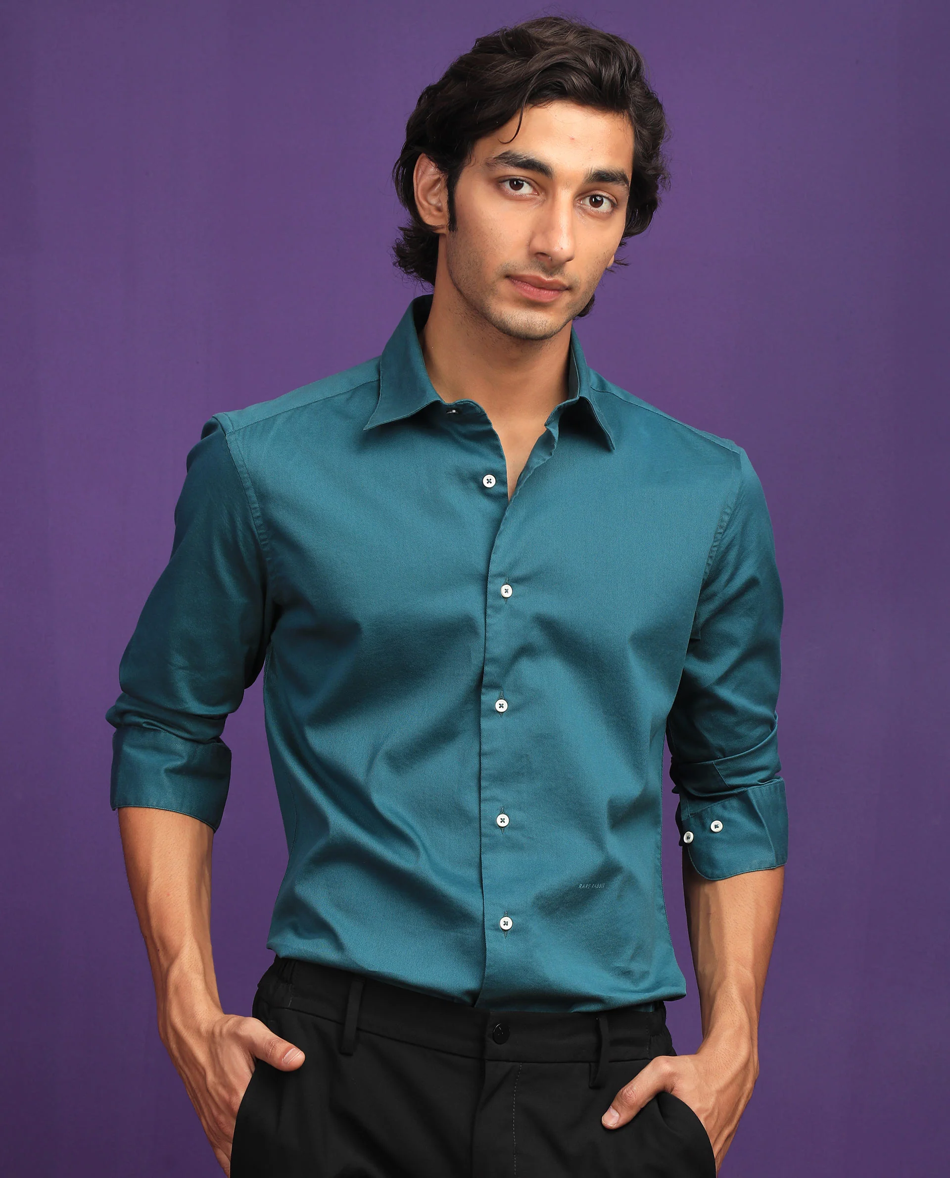 Rare Rabbit Men's Molde Petrol Plain Regular Fit Full Sleeve Collared Shirt - Image 9