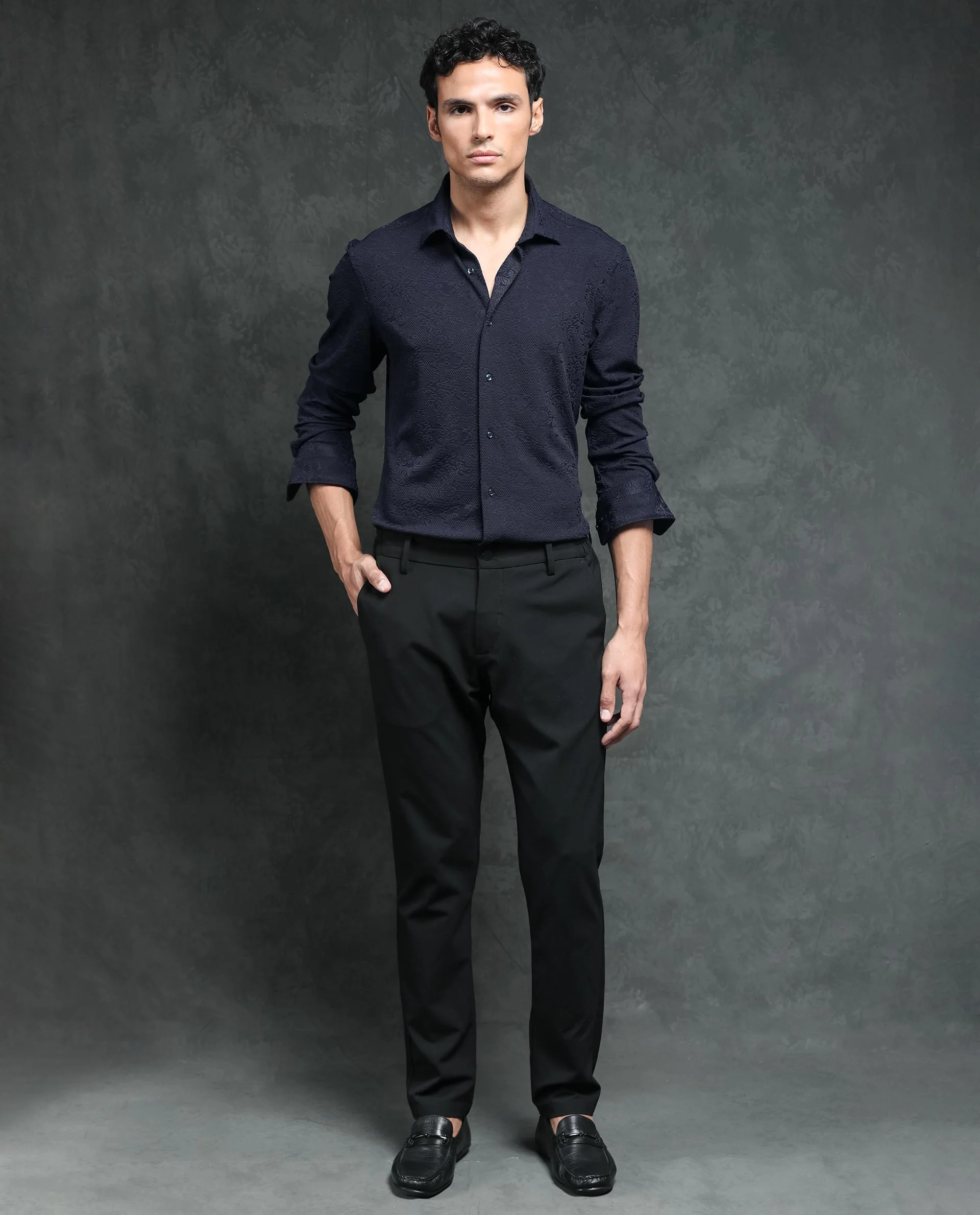 Rare Rabbit Men's Molen Navy Cotton Jacquard Regular Fit Full Sleeve Collared Shirt - Image 2