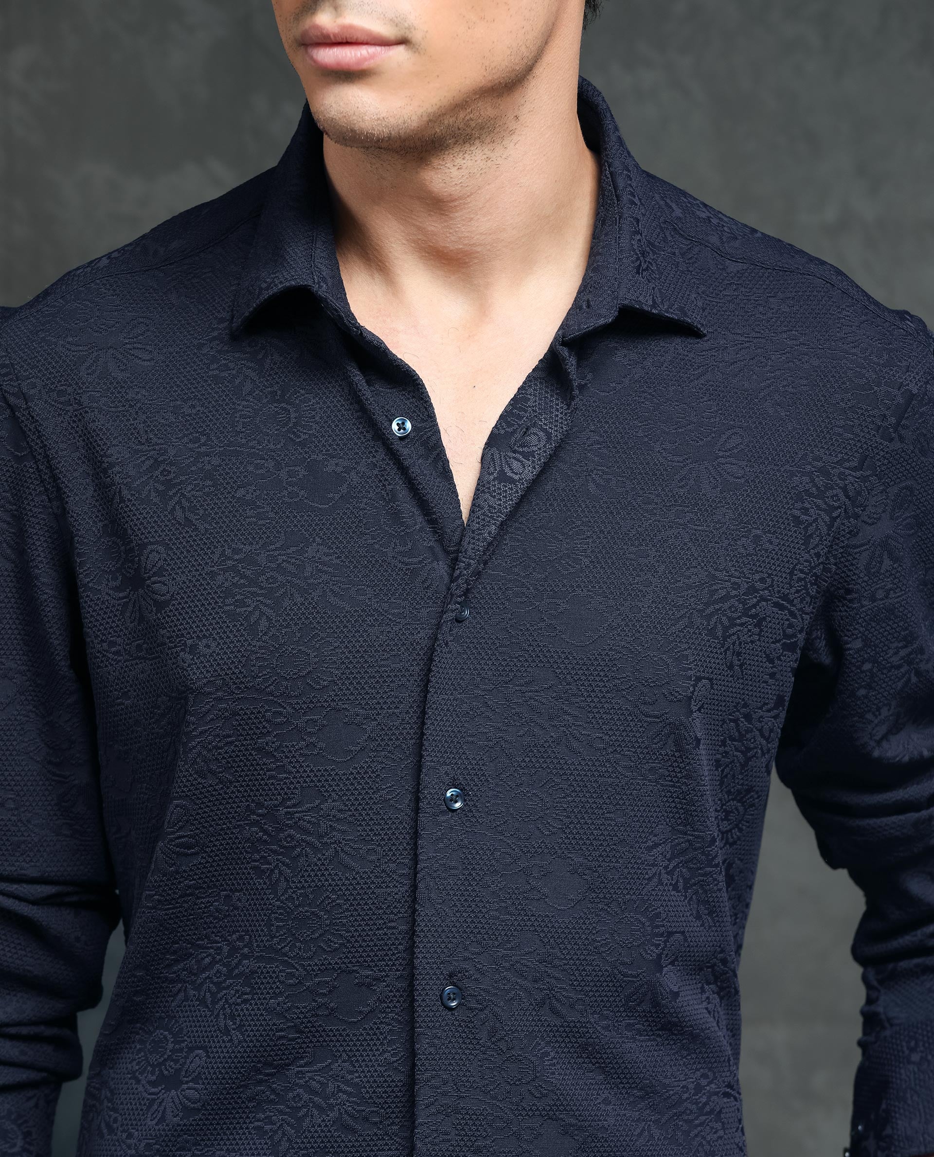 Rare Rabbit Men's Molen Navy Cotton Jacquard Regular Fit Full Sleeve Collared Shirt - Image 3