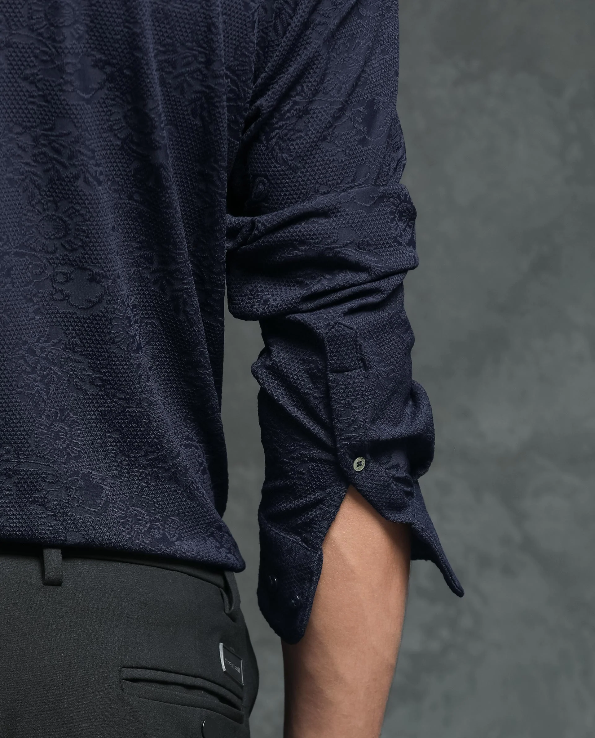 Rare Rabbit Men's Molen Navy Cotton Jacquard Regular Fit Full Sleeve Collared Shirt - Image 4