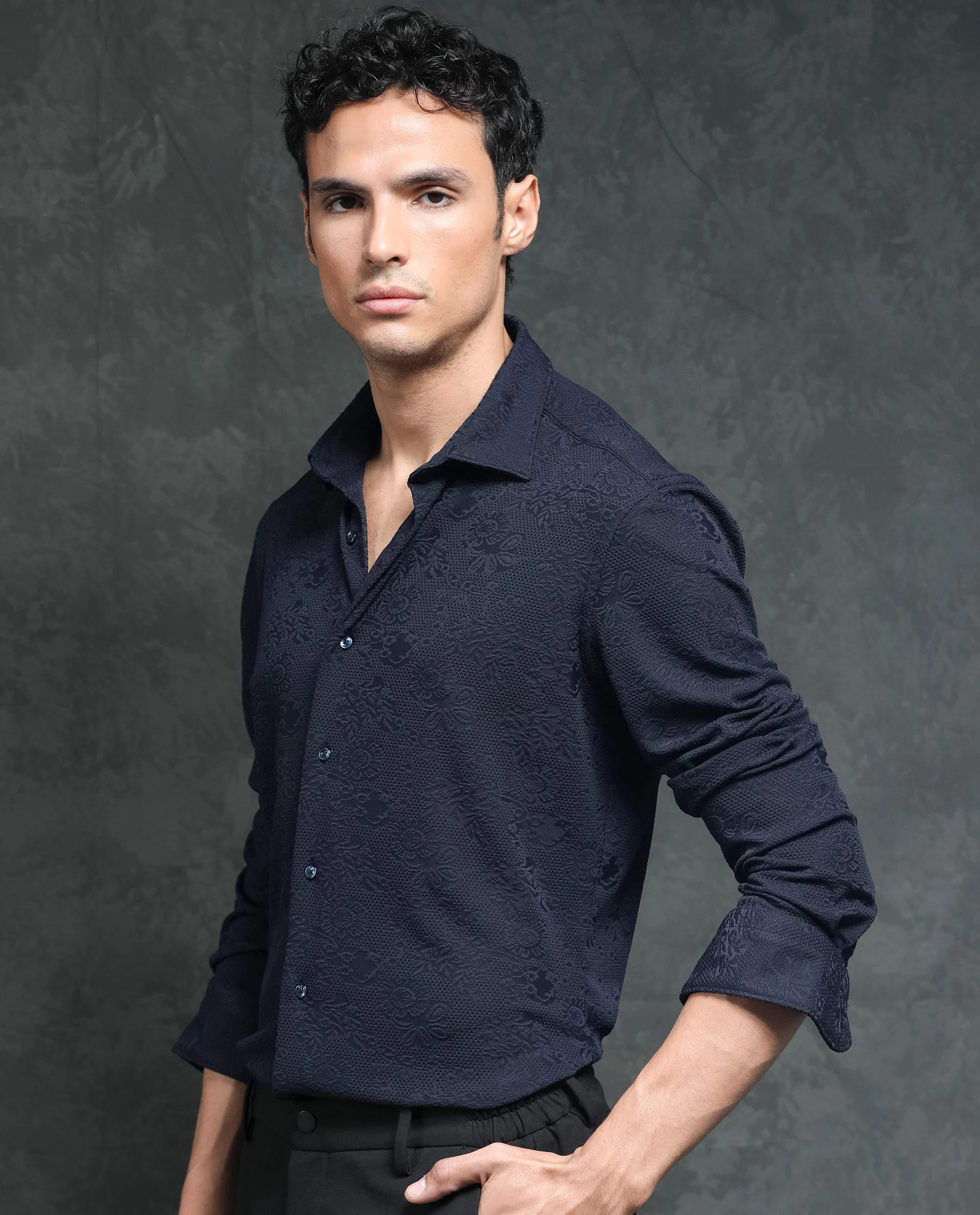 Rare Rabbit Men's Molen Navy Cotton Jacquard Regular Fit Full Sleeve Collared Shirt - Image 5