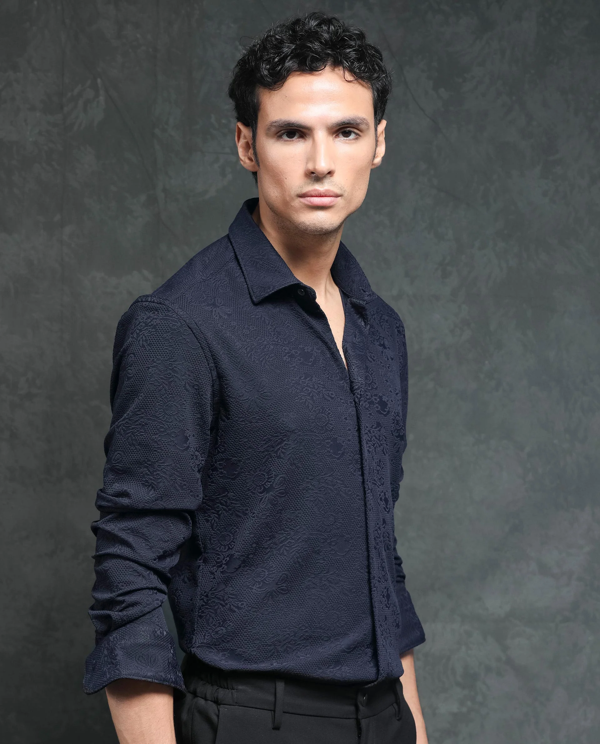 Rare Rabbit Men's Molen Navy Cotton Jacquard Regular Fit Full Sleeve Collared Shirt - Image 6