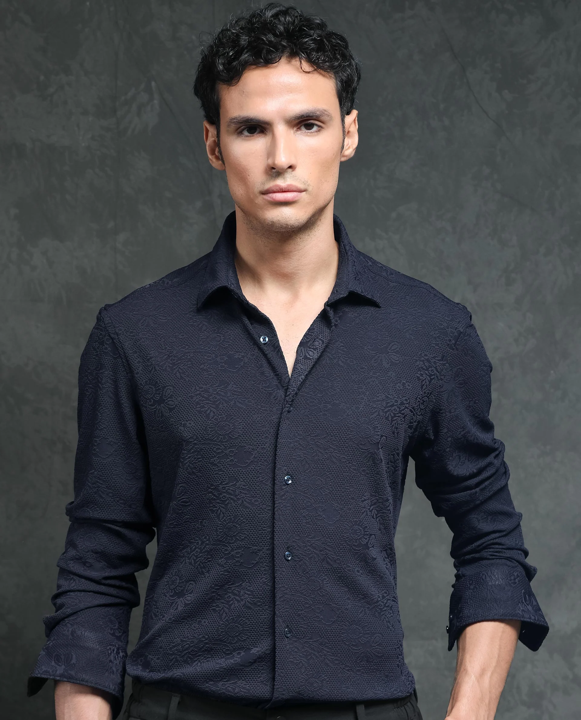 Rare Rabbit Men's Molen Navy Cotton Jacquard Regular Fit Full Sleeve Collared Shirt - Image 7