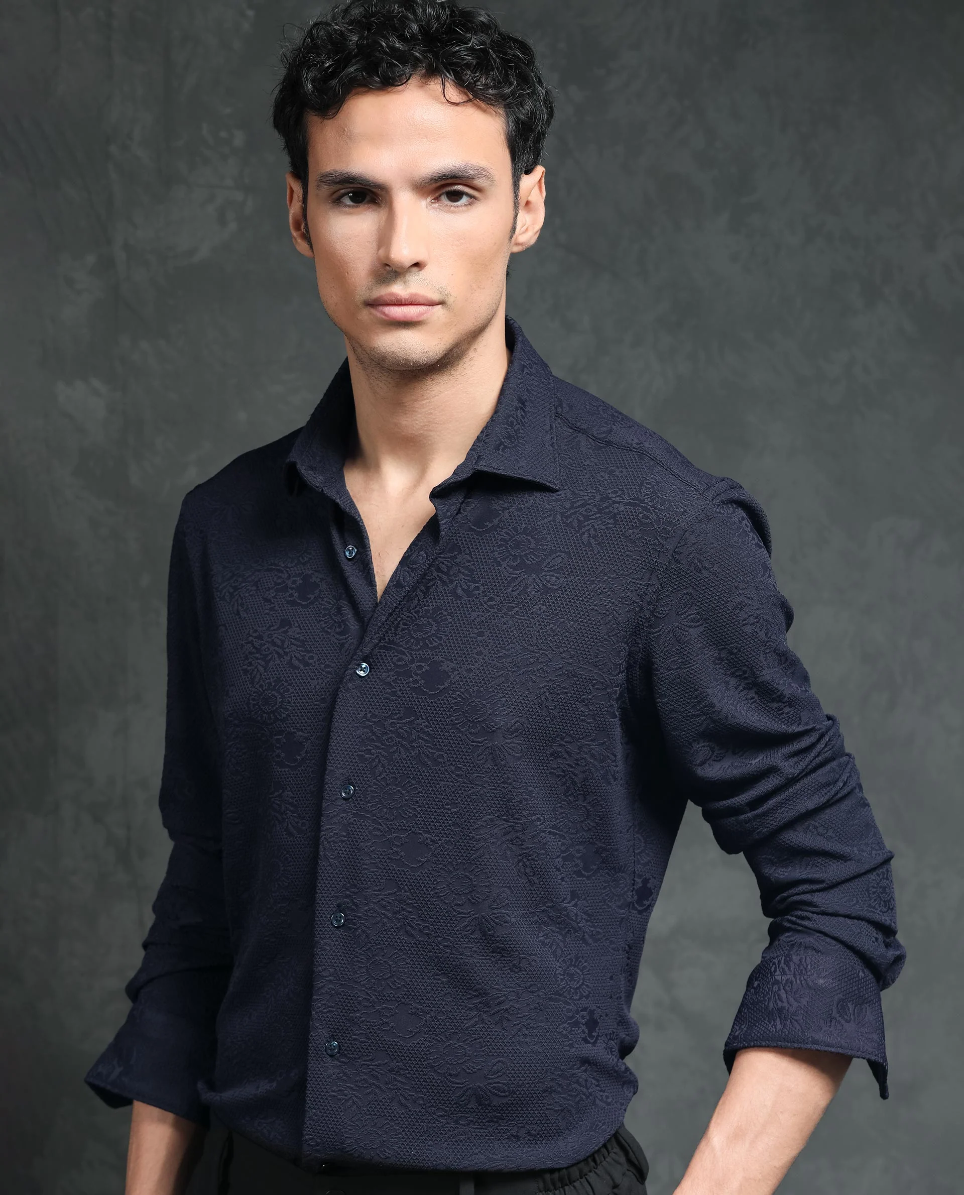 Rare Rabbit Men's Molen Navy Cotton Jacquard Regular Fit Full Sleeve Collared Shirt - Image 8