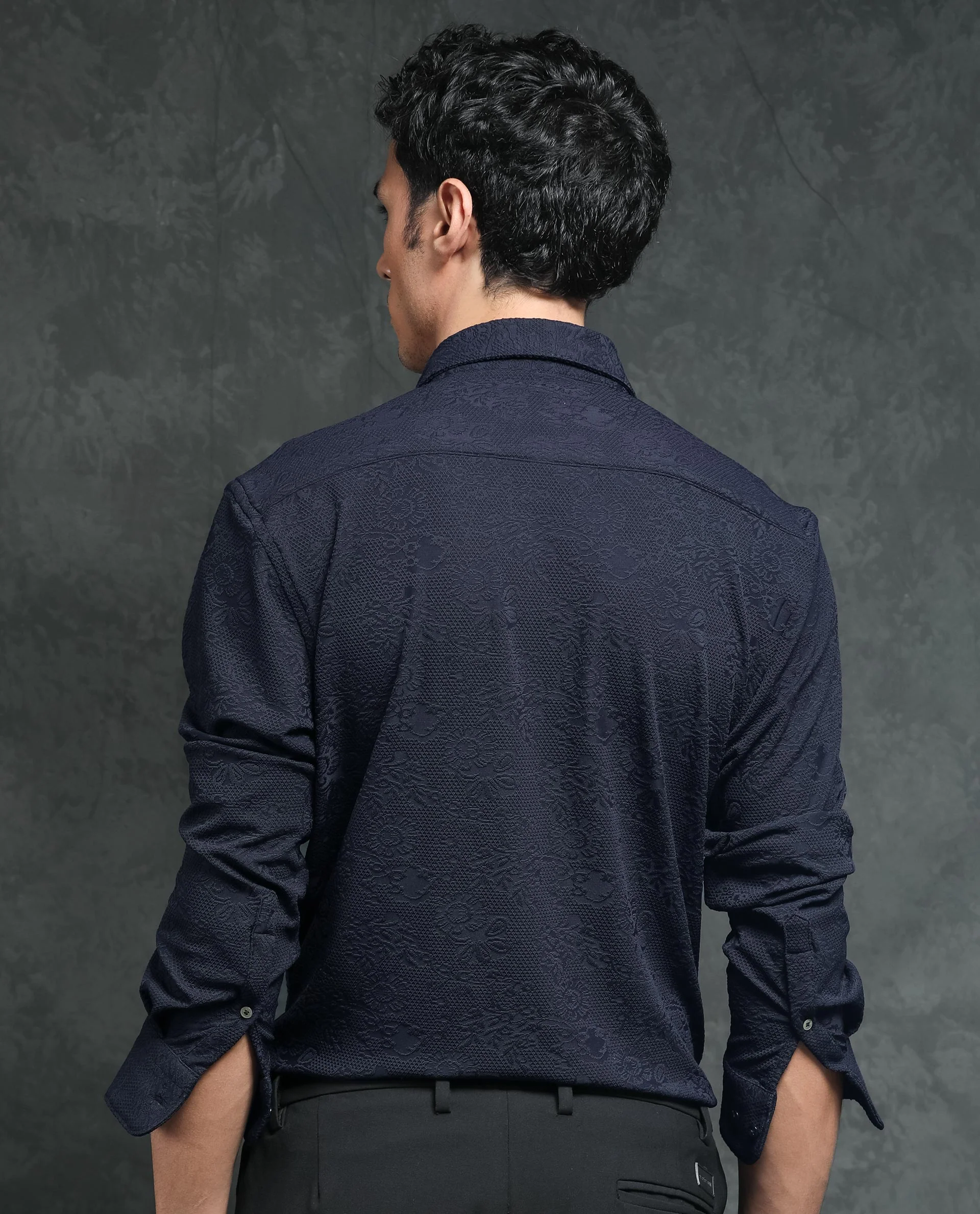 Rare Rabbit Men's Molen Navy Cotton Jacquard Regular Fit Full Sleeve Collared Shirt - Image 9