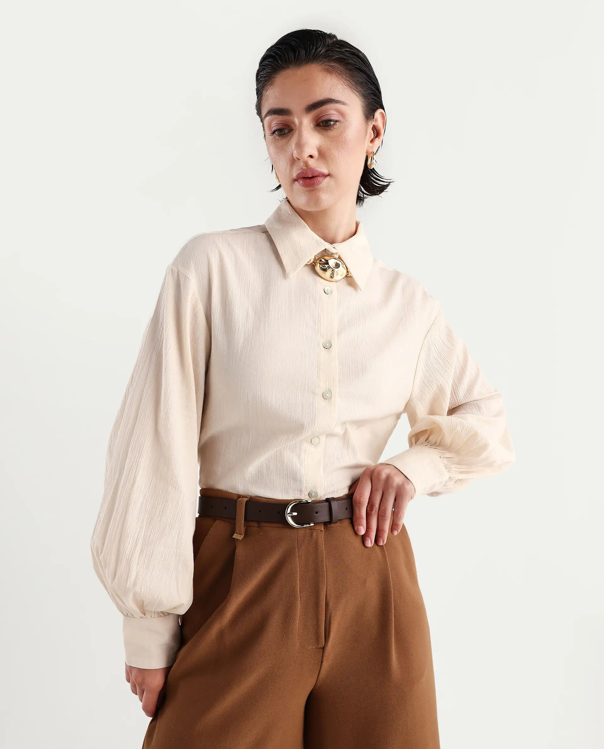 Rareism Women's Molfetta Light Off White Cotton Blend Drop Collar Plain Bishop Sleeve Regular Fit Shirt