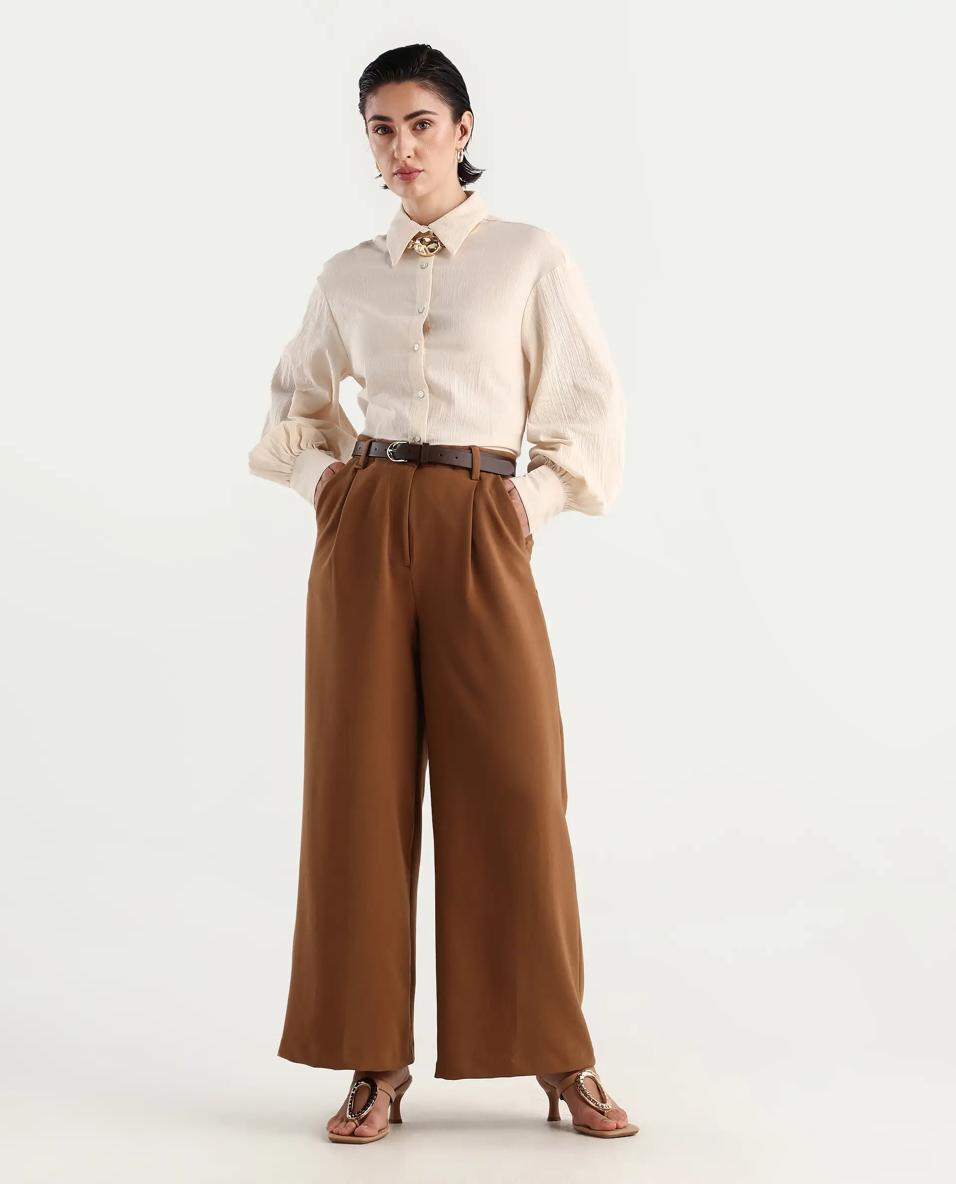 Rareism Women's Molfetta Light Off White Cotton Blend Drop Collar Plain Bishop Sleeve Regular Fit Shirt - Image 2