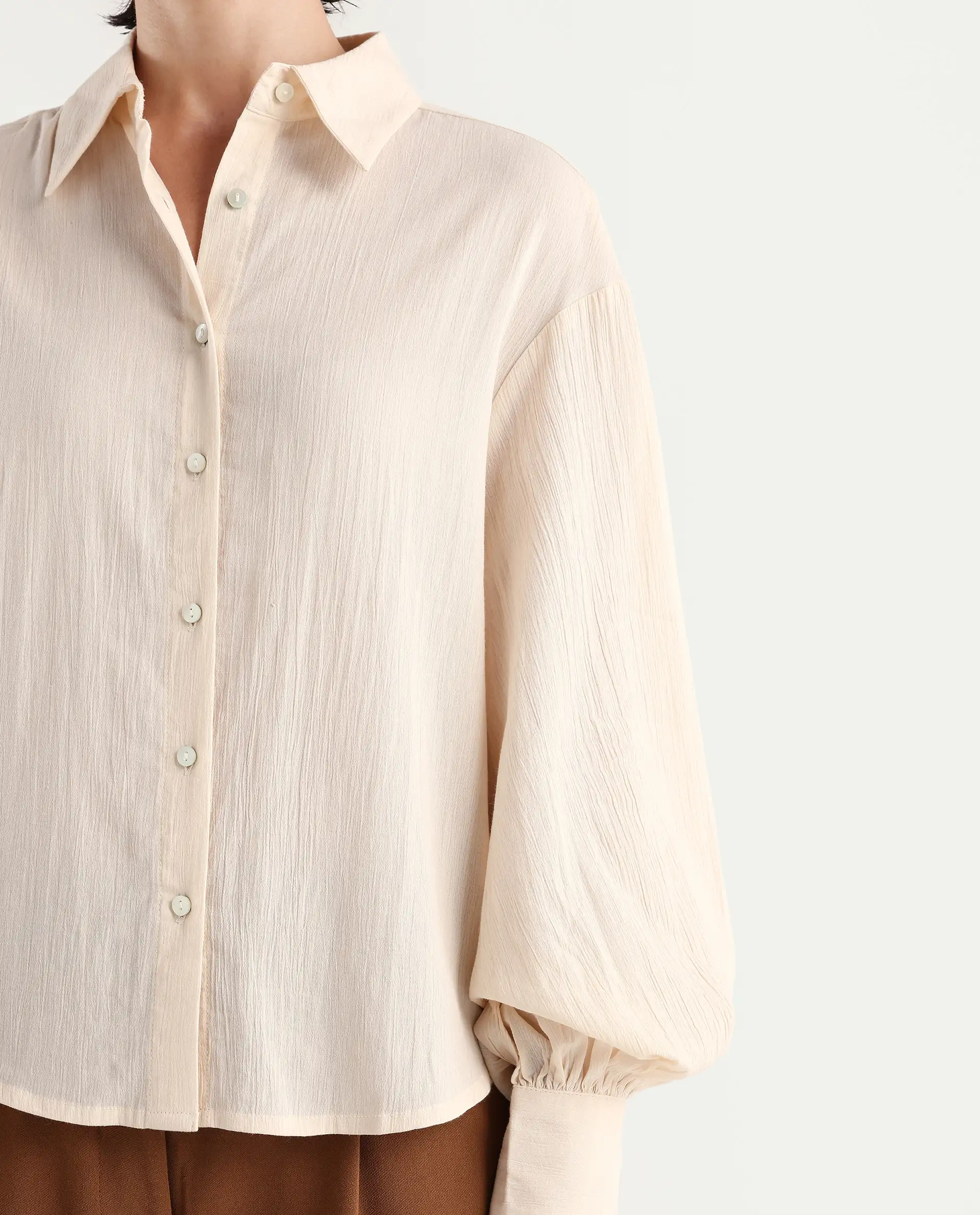 Rareism Women's Molfetta Light Off White Cotton Blend Drop Collar Plain Bishop Sleeve Regular Fit Shirt - Image 3