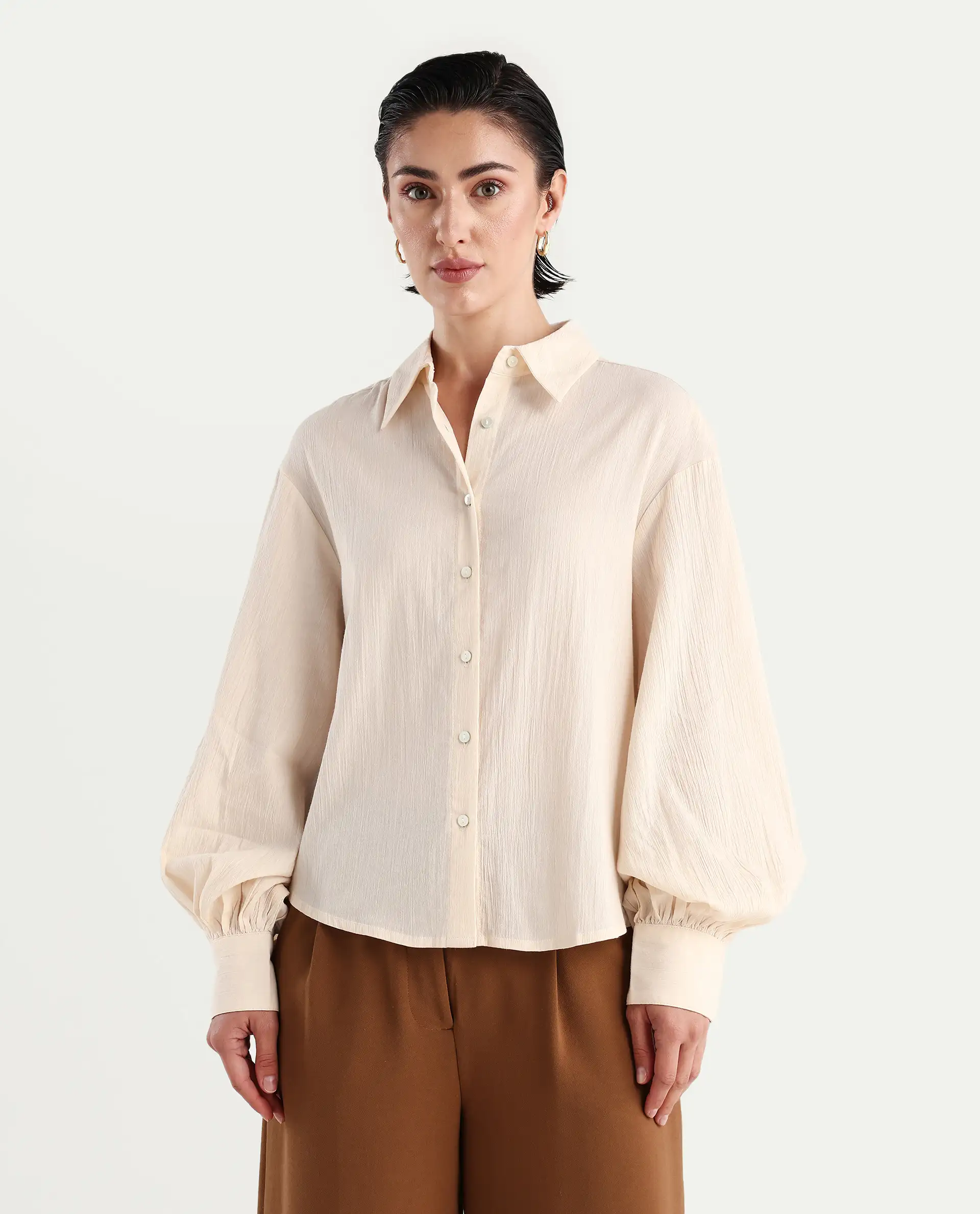 Rareism Women's Molfetta Light Off White Cotton Blend Drop Collar Plain Bishop Sleeve Regular Fit Shirt - Image 4