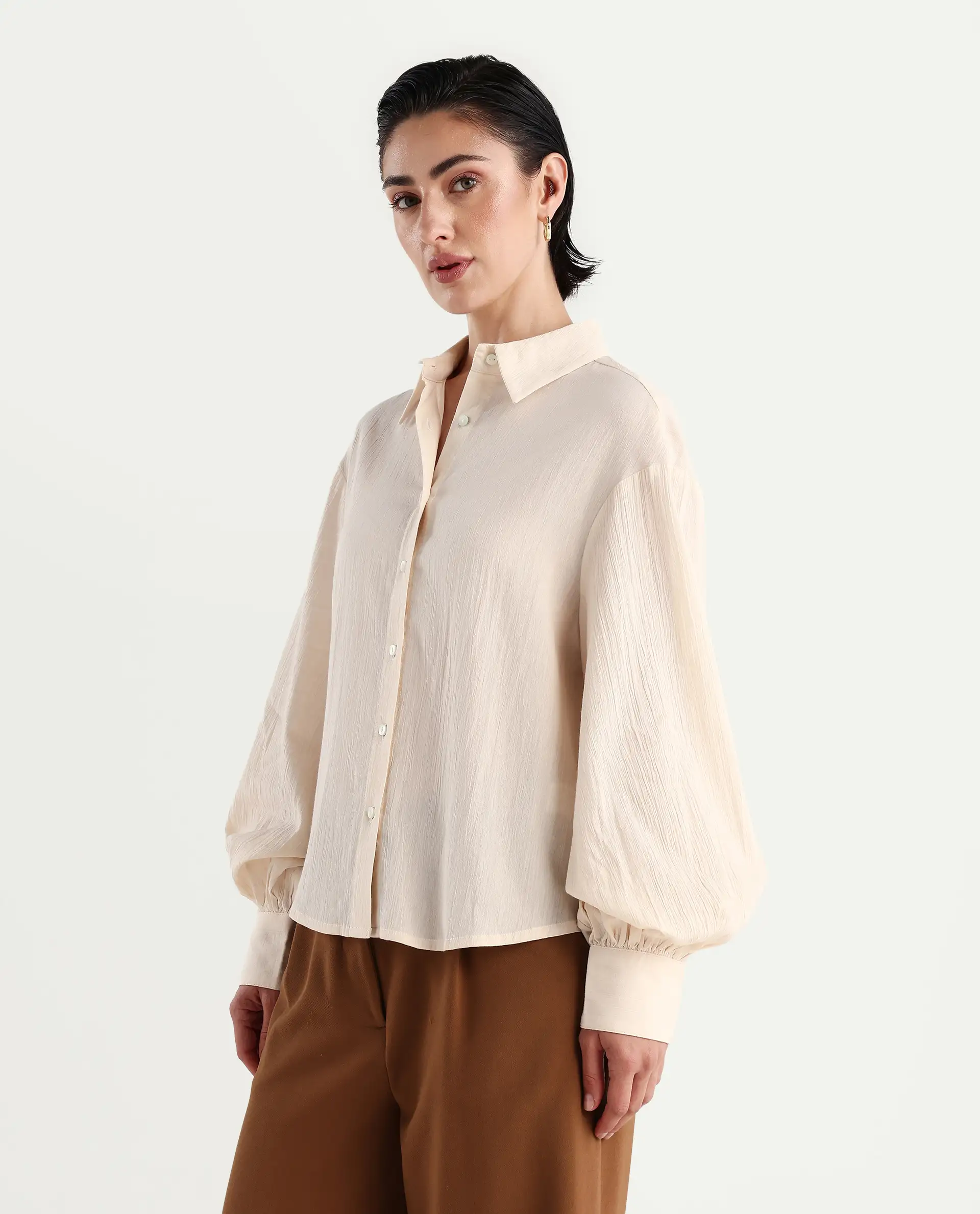 Rareism Women's Molfetta Light Off White Cotton Blend Drop Collar Plain Bishop Sleeve Regular Fit Shirt - Image 5