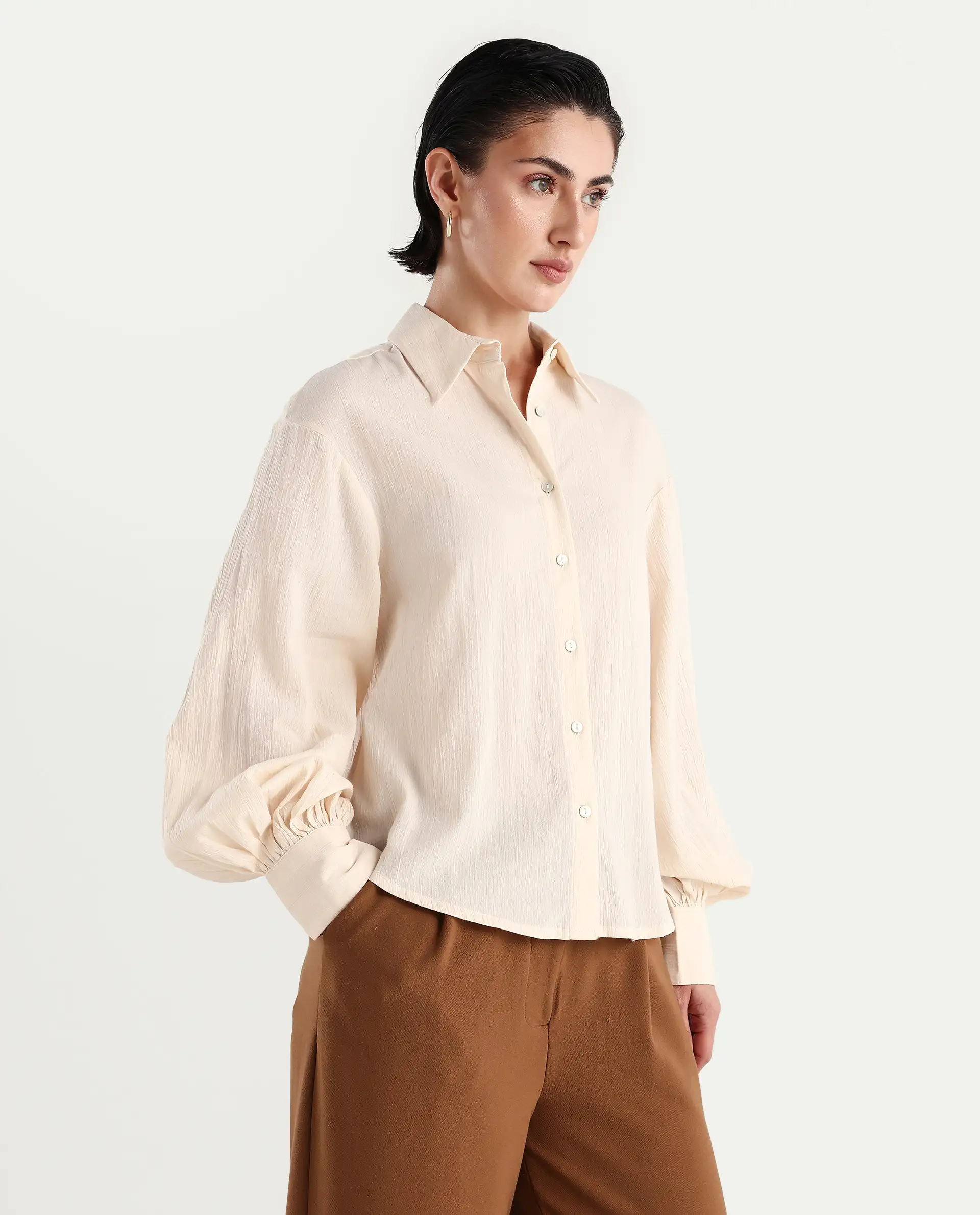 Rareism Women's Molfetta Light Off White Cotton Blend Drop Collar Plain Bishop Sleeve Regular Fit Shirt - Image 6