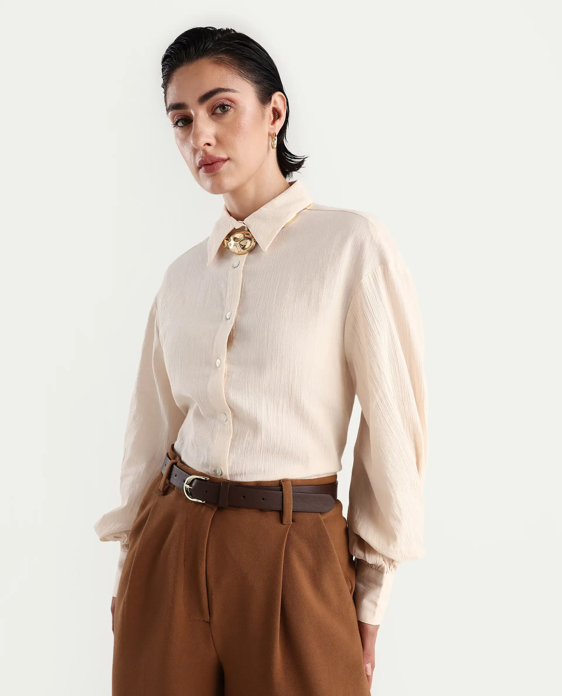 Rareism Women's Molfetta Light Off White Cotton Blend Drop Collar Plain Bishop Sleeve Regular Fit Shirt - Image 7
