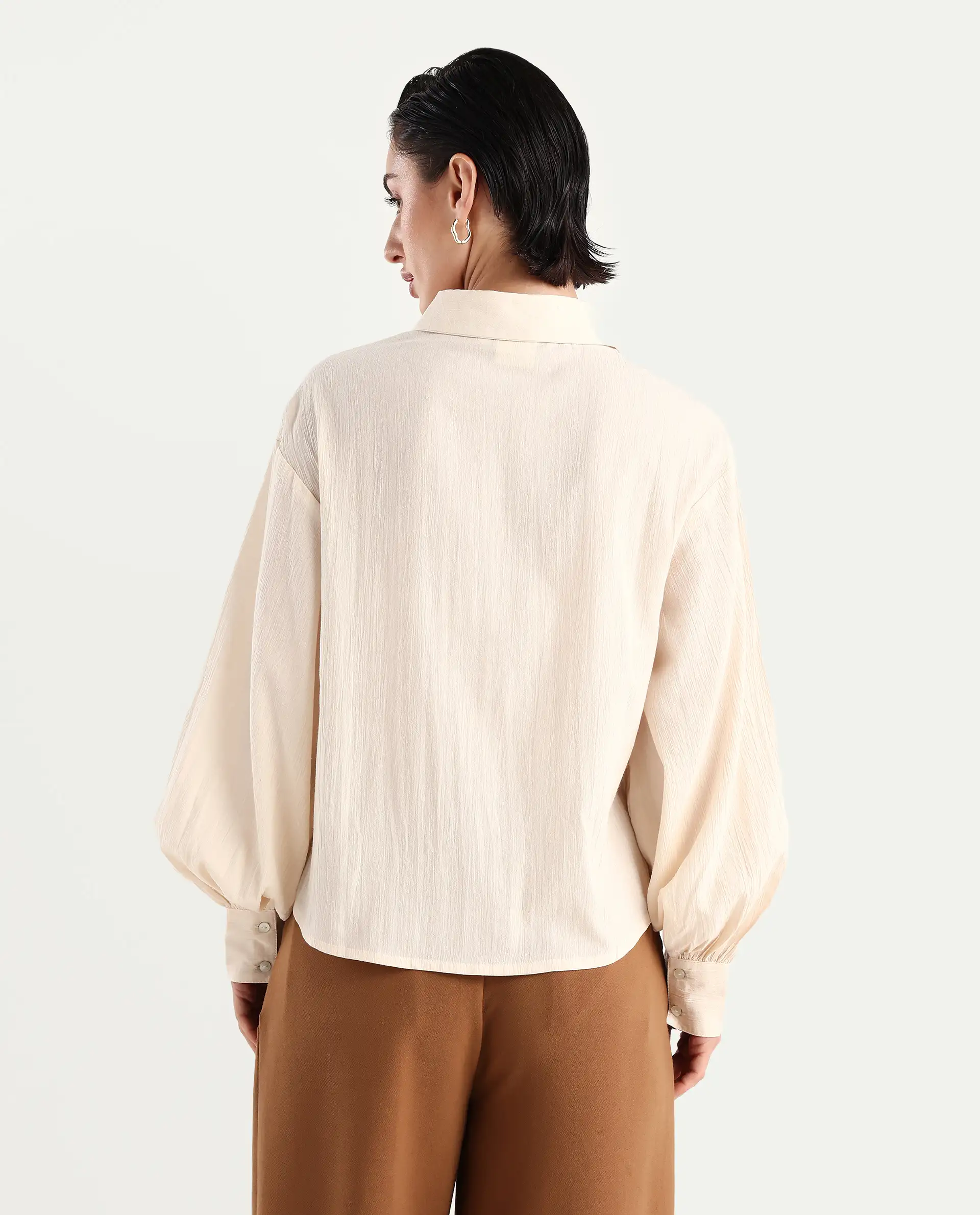 Rareism Women's Molfetta Light Off White Cotton Blend Drop Collar Plain Bishop Sleeve Regular Fit Shirt - Image 8