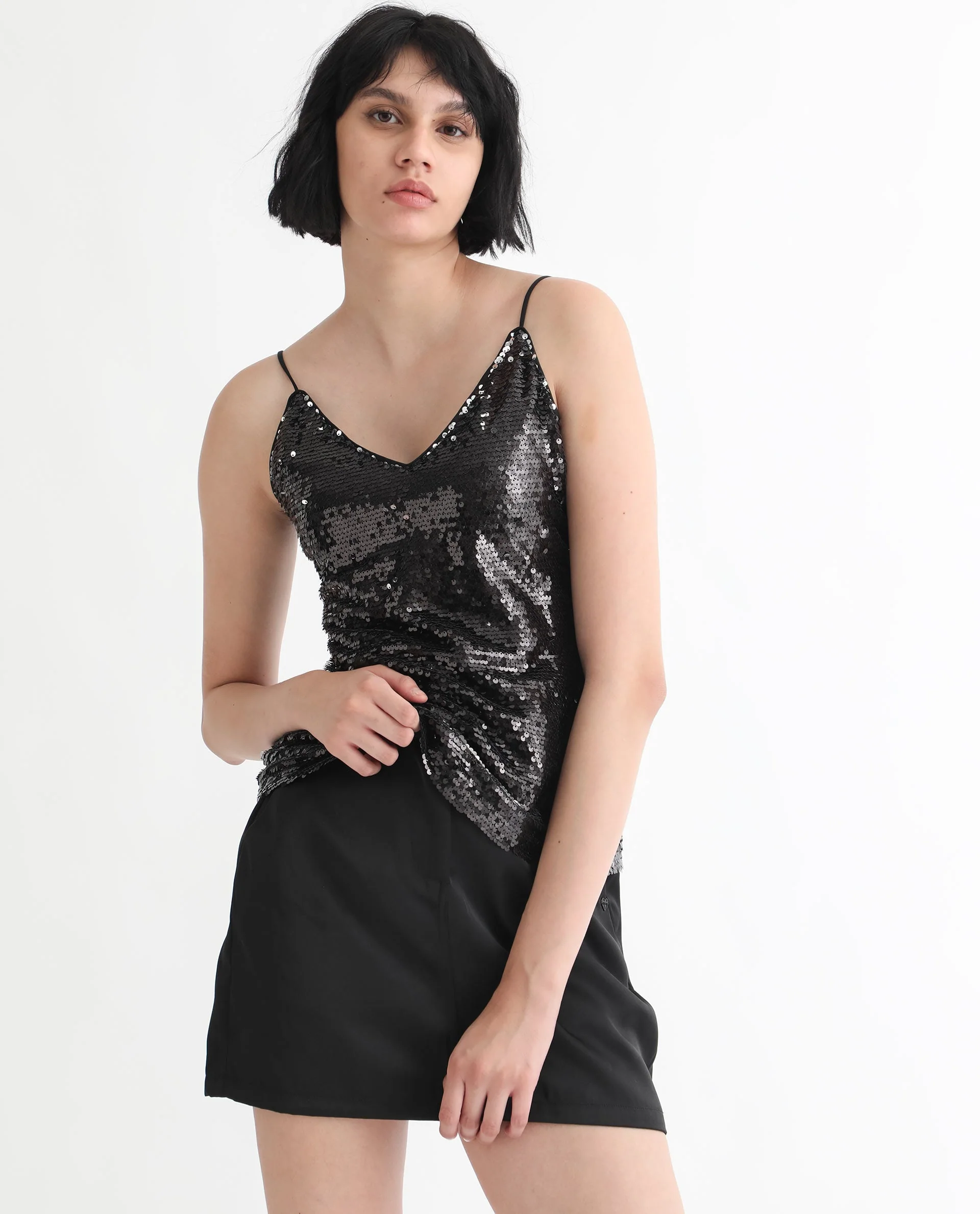Rareism Women's Molly Sheen Black Polyester Collarless Sequined Shoulder Strap Regular Fit Top