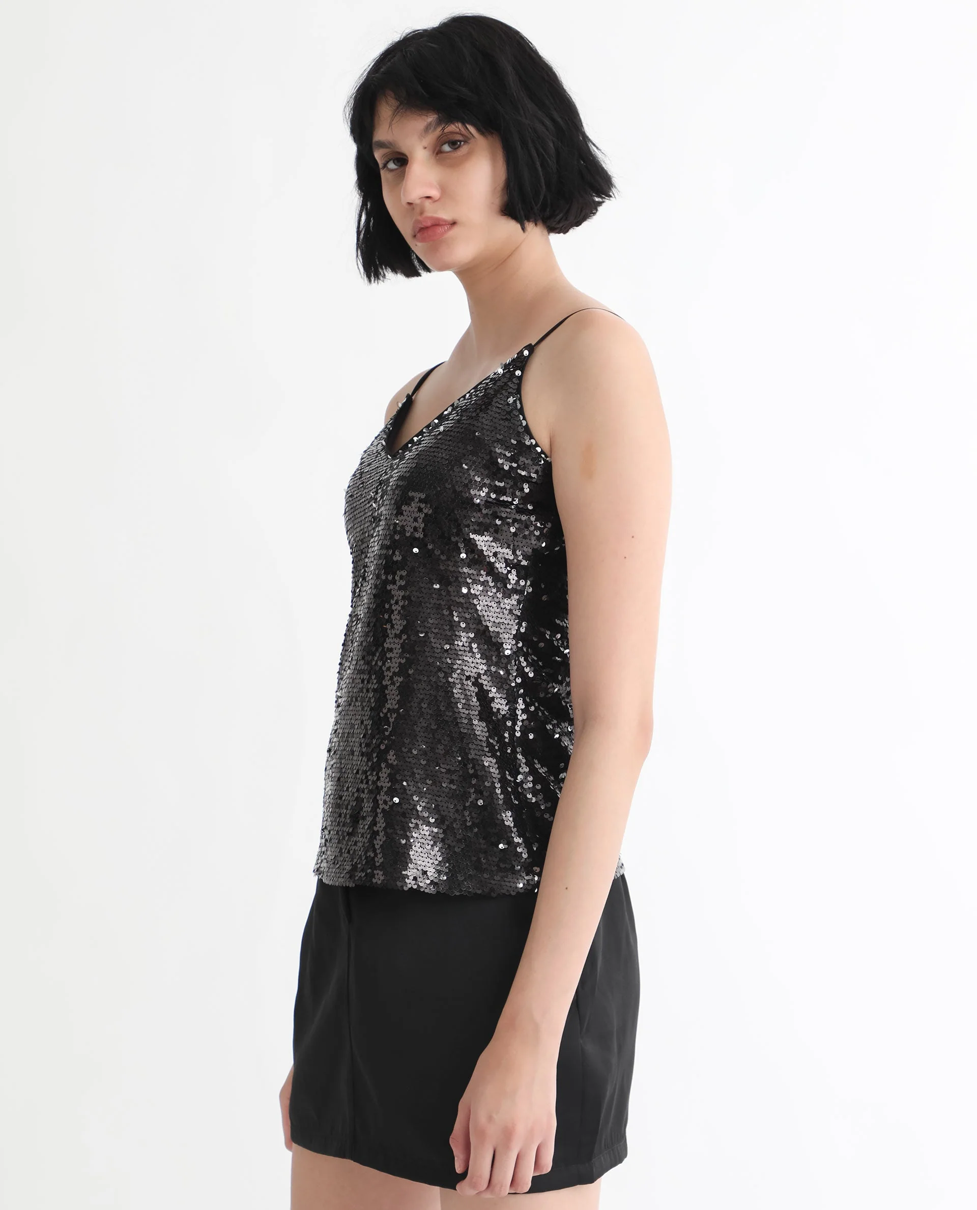 Rareism Women's Molly Sheen Black Polyester Collarless Sequined Shoulder Strap Regular Fit Top - Image 6